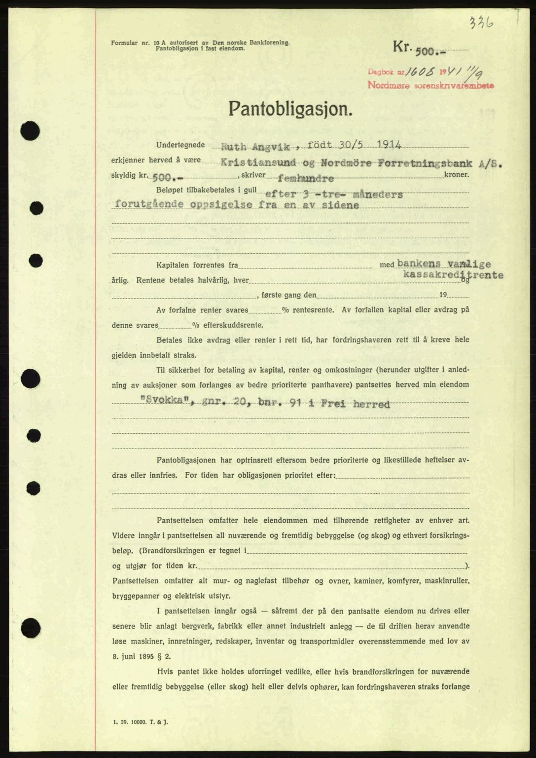 Nordmøre sorenskriveri, AV/SAT-A-4132/1/2/2Ca: Mortgage book no. B88, 1941-1942, Diary no: : 1608/1941