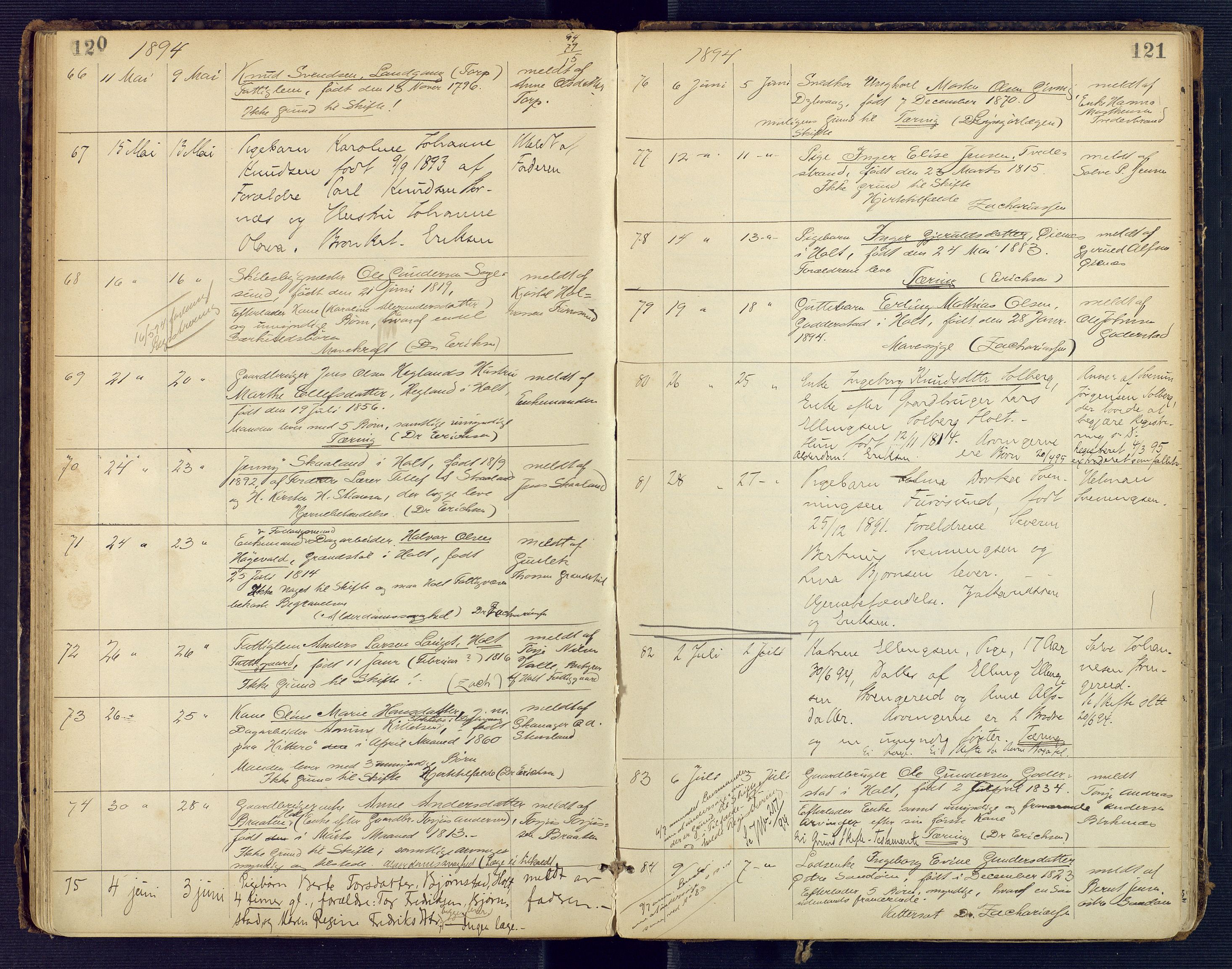 Holt sorenskriveri, AV/SAK-1221-0002/H/Ha/L0002: Dødsfallsprotokoll nr. 3, 1882-1902, p. 120-121