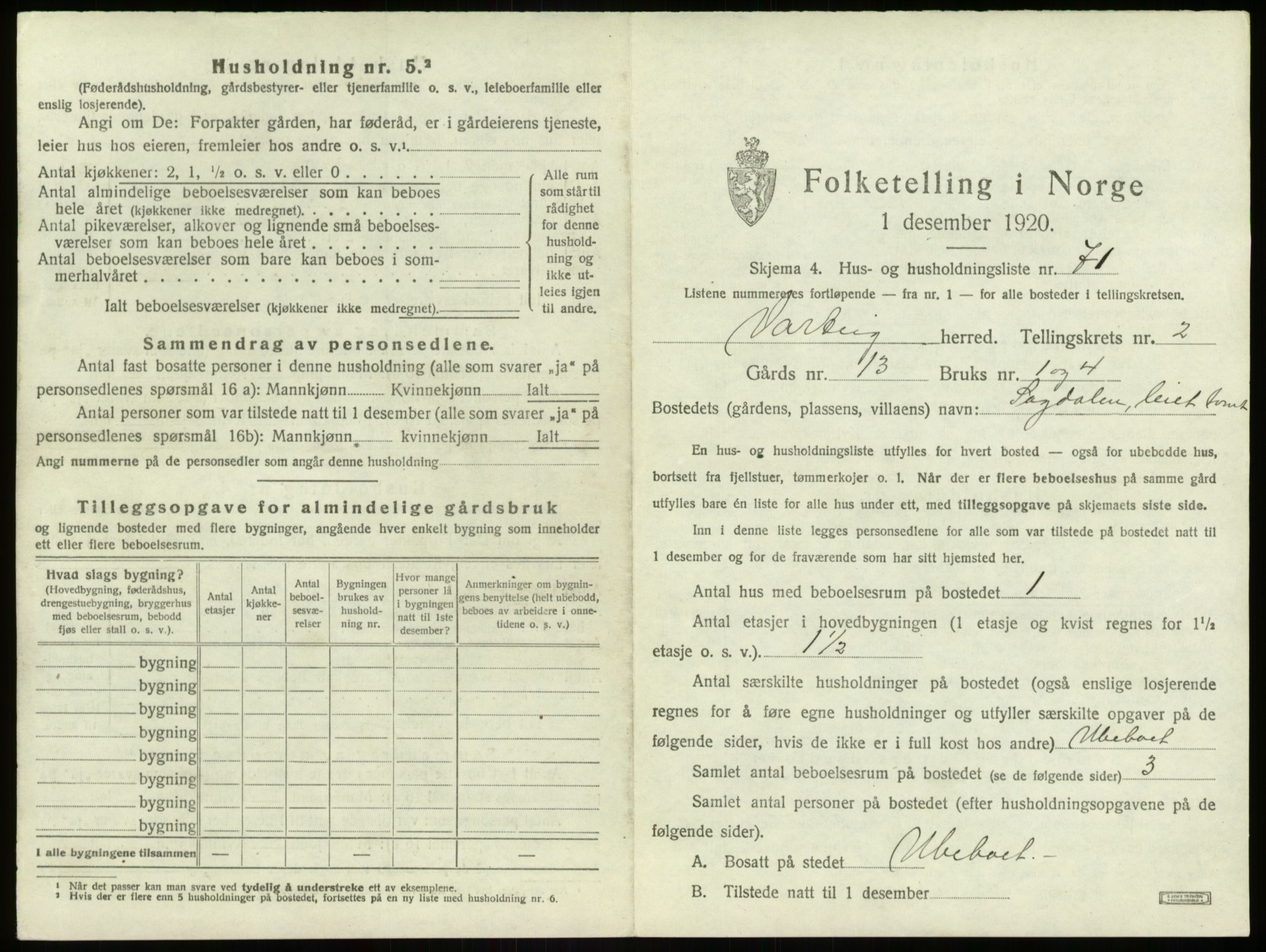 SAO, 1920 census for Varteig, 1920, p. 284