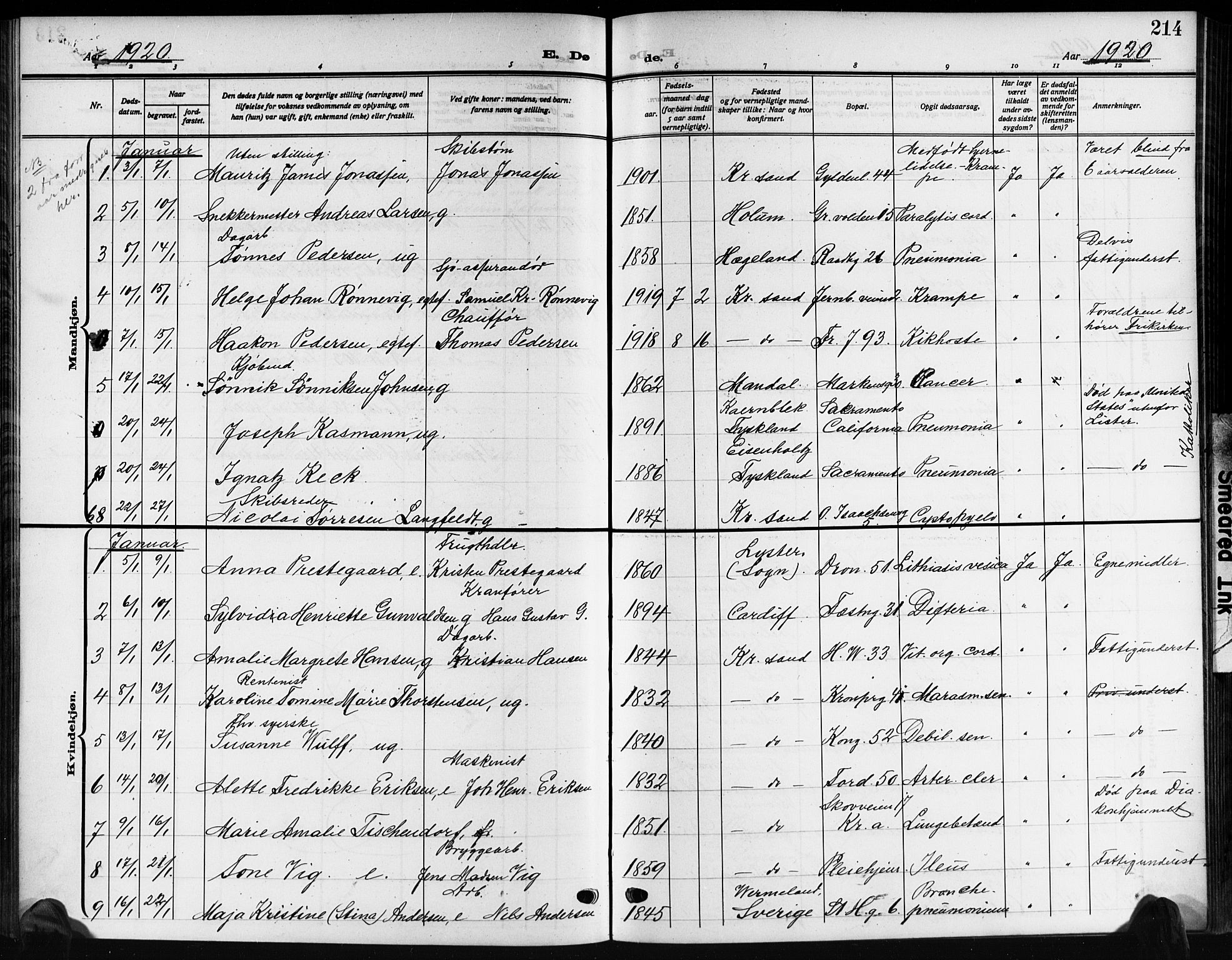 Kristiansand domprosti, SAK/1112-0006/F/Fb/L0022: Parish register (copy) no. B 22, 1915-1925, p. 214