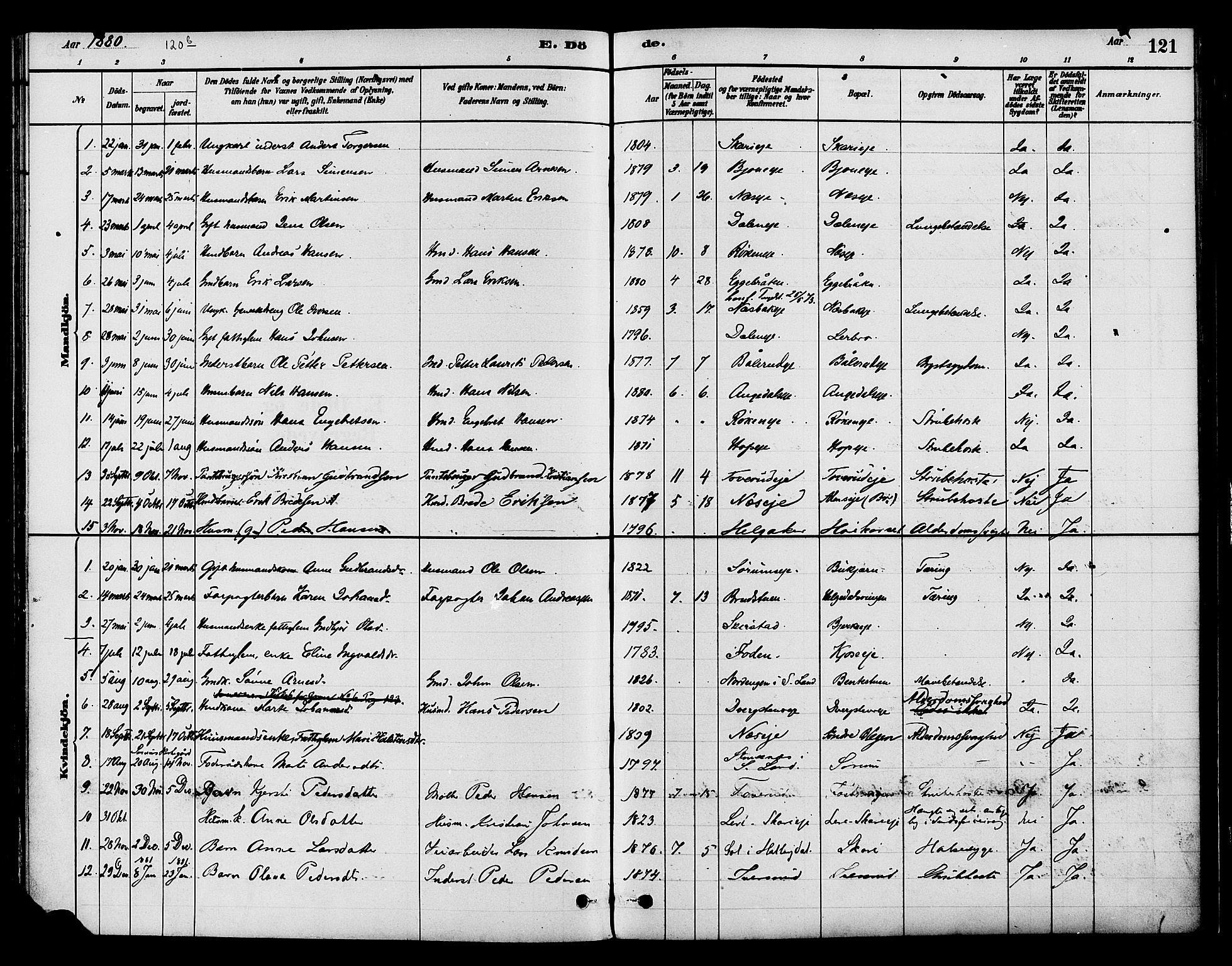 Gran prestekontor, AV/SAH-PREST-112/H/Ha/Haa/L0015: Parish register (official) no. 15, 1880-1888, p. 121