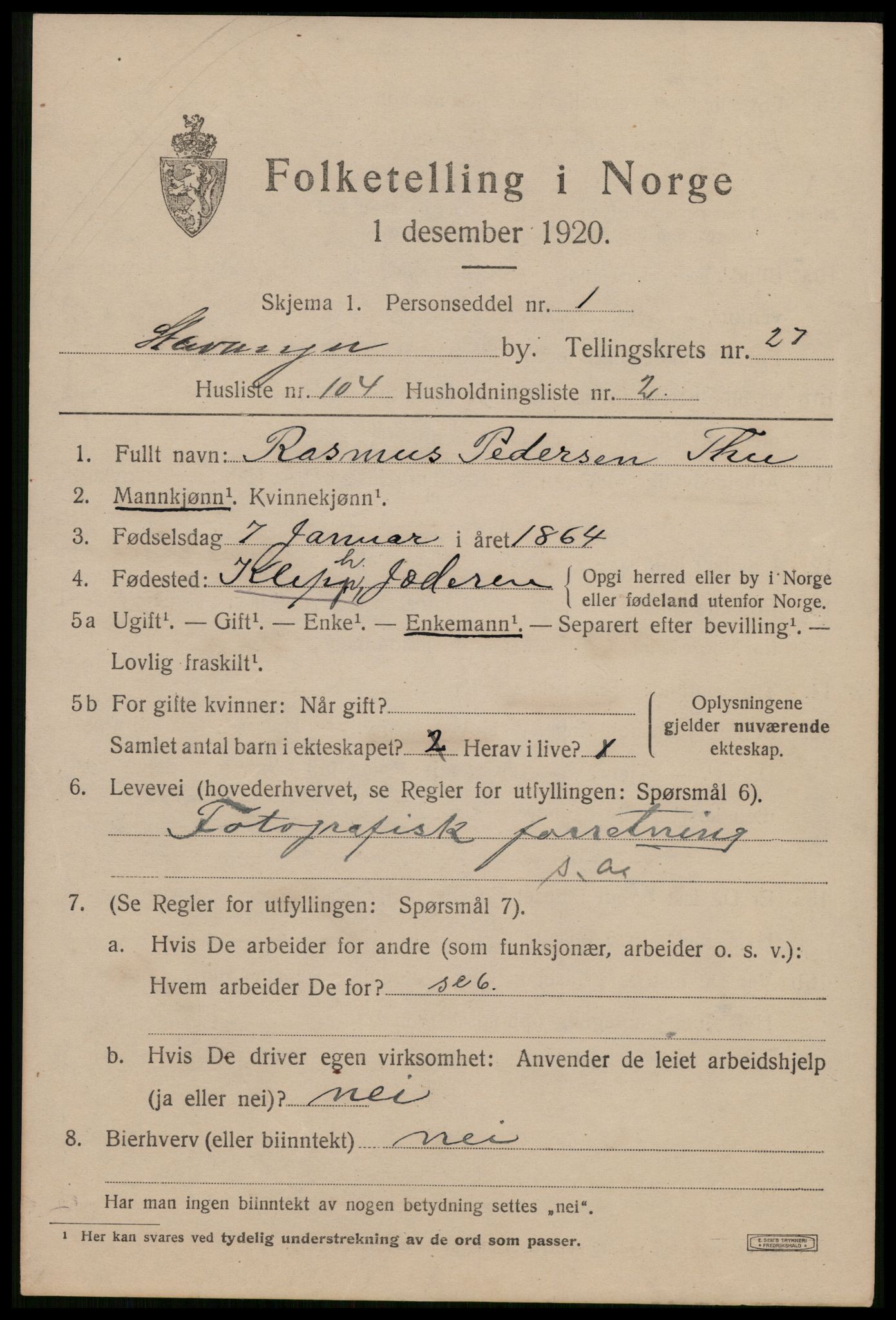 SAST, 1920 census for Stavanger, 1920, p. 80754