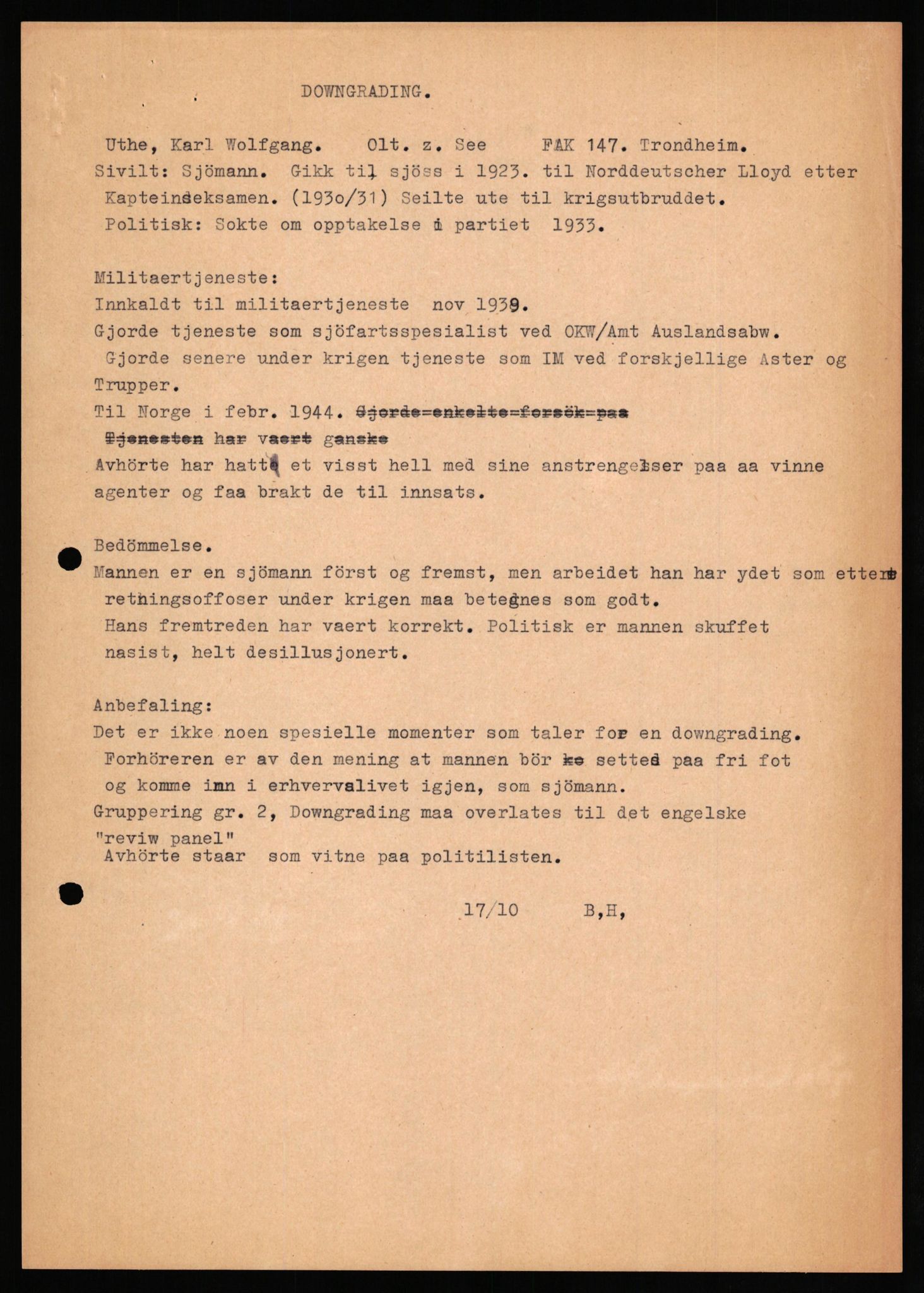 Forsvaret, Forsvarets overkommando II, AV/RA-RAFA-3915/D/Db/L0034: CI Questionaires. Tyske okkupasjonsstyrker i Norge. Tyskere., 1945-1946, p. 226