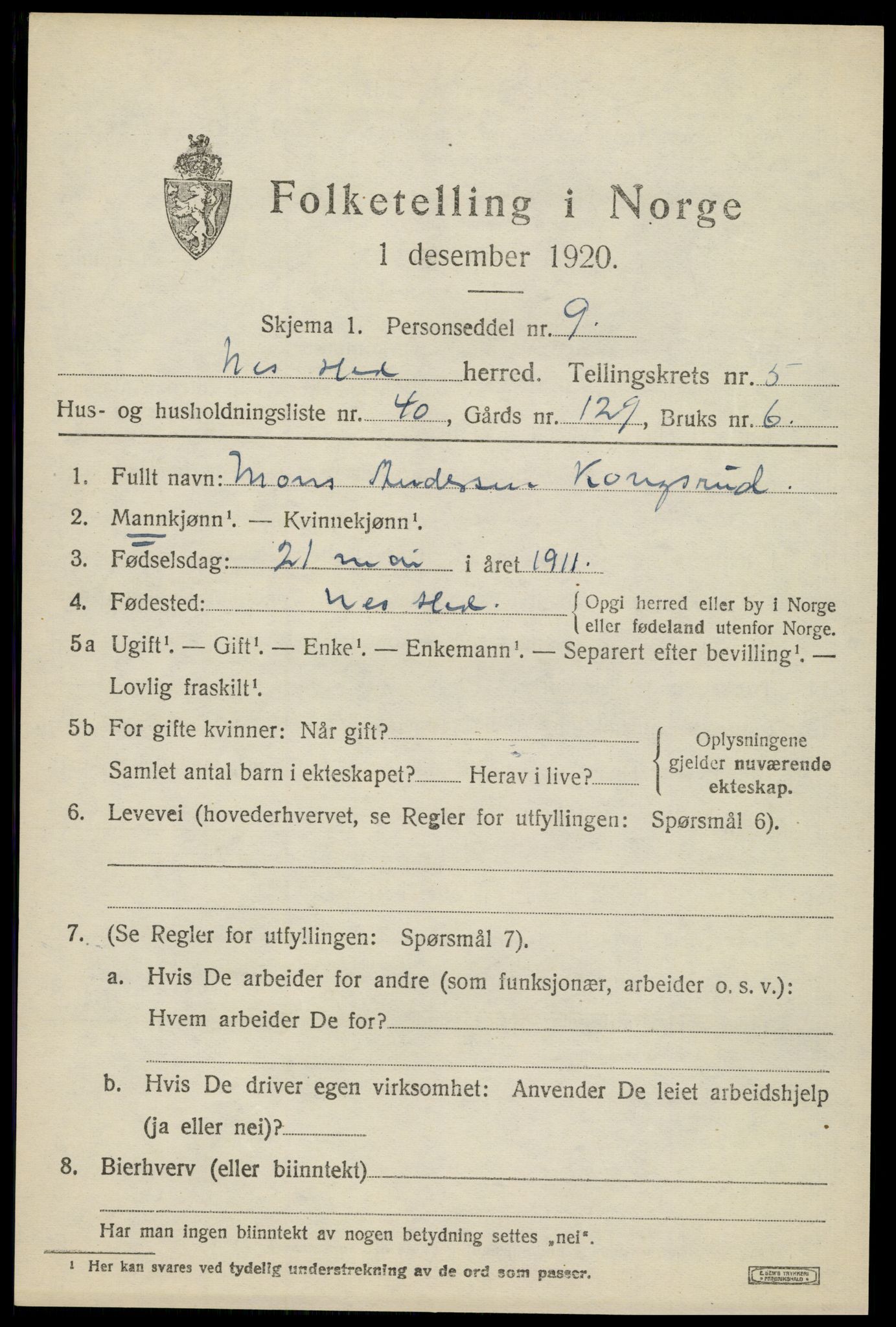 SAH, 1920 census for Nes (Hedmark), 1920, p. 7534