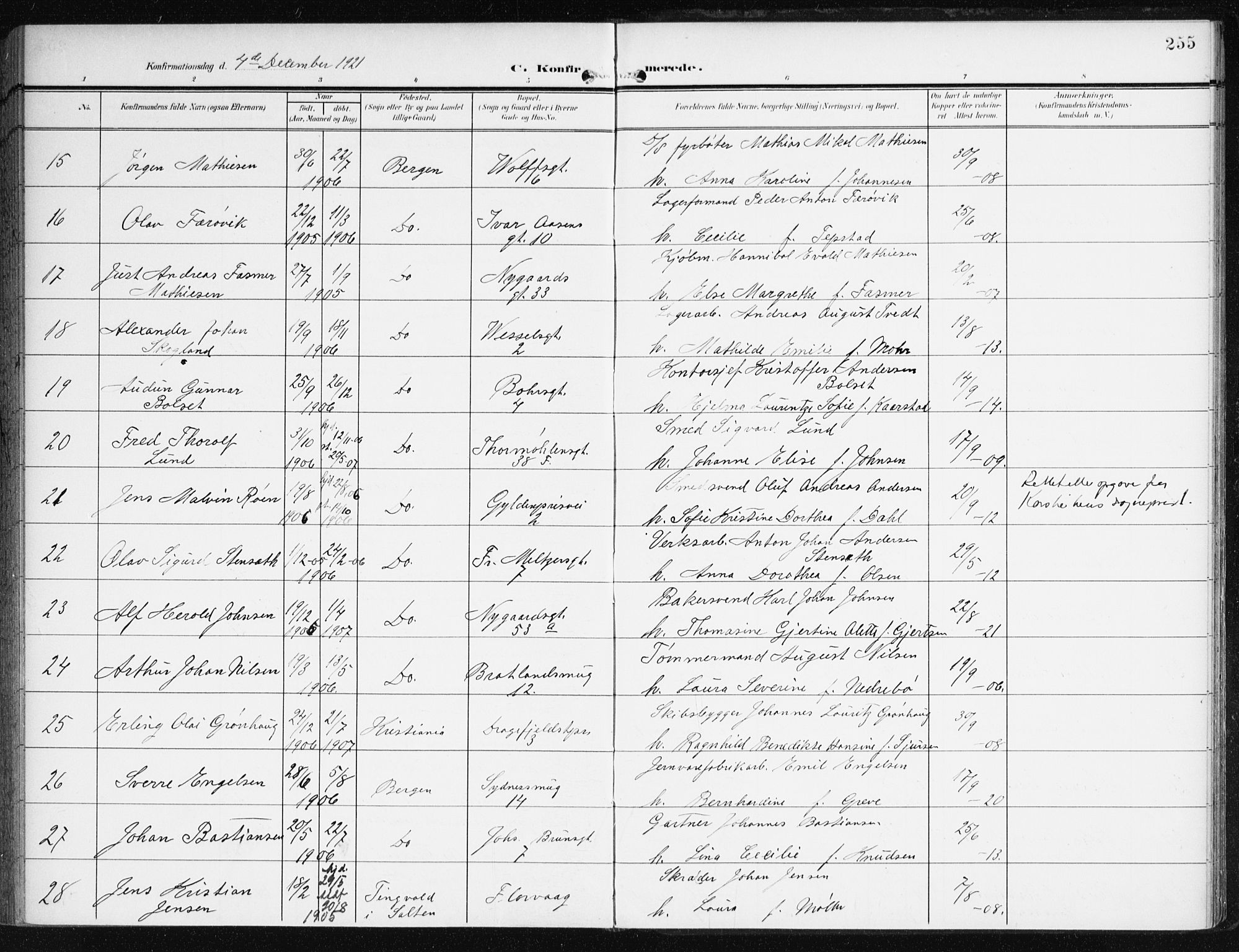 Johanneskirken sokneprestembete, AV/SAB-A-76001/H/Haa/L0009: Parish register (official) no. C 2, 1907-1924, p. 255