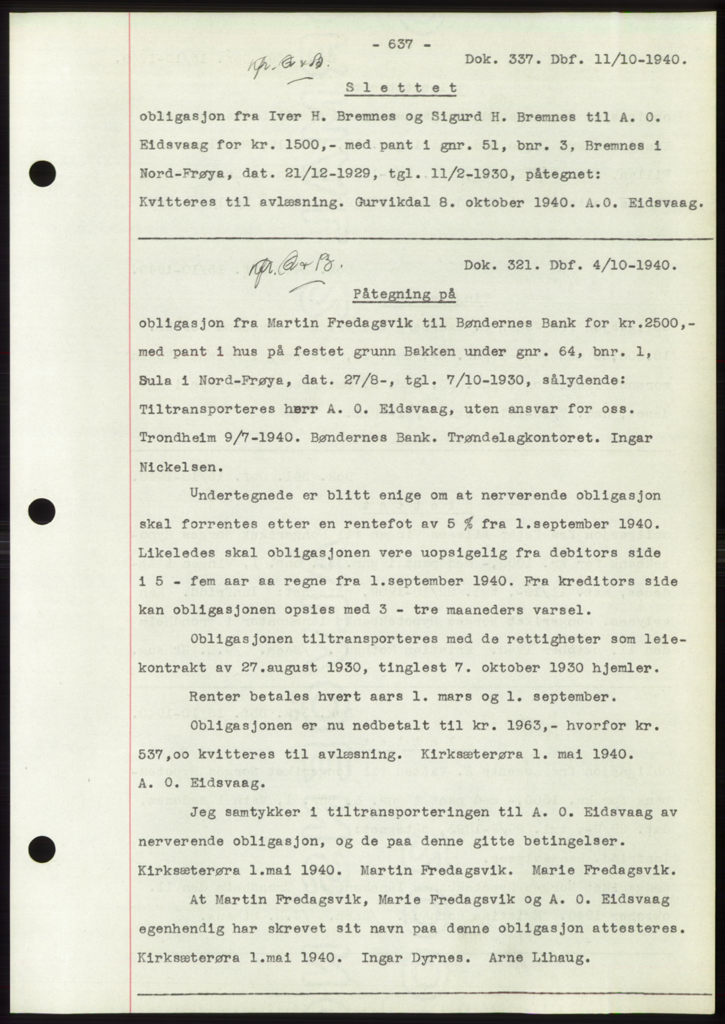 Hitra sorenskriveri, AV/SAT-A-0018/2/2C/2Ca: Mortgage book no. C1, 1936-1945, Diary no: : 337/1940