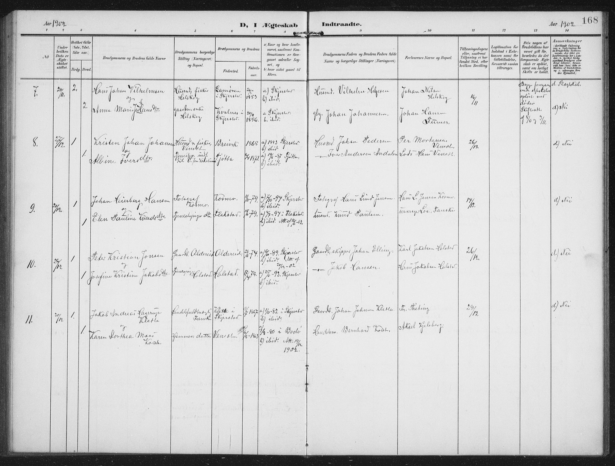 Ministerialprotokoller, klokkerbøker og fødselsregistre - Nordland, AV/SAT-A-1459/851/L0726: Parish register (copy) no. 851C01, 1902-1924, p. 168