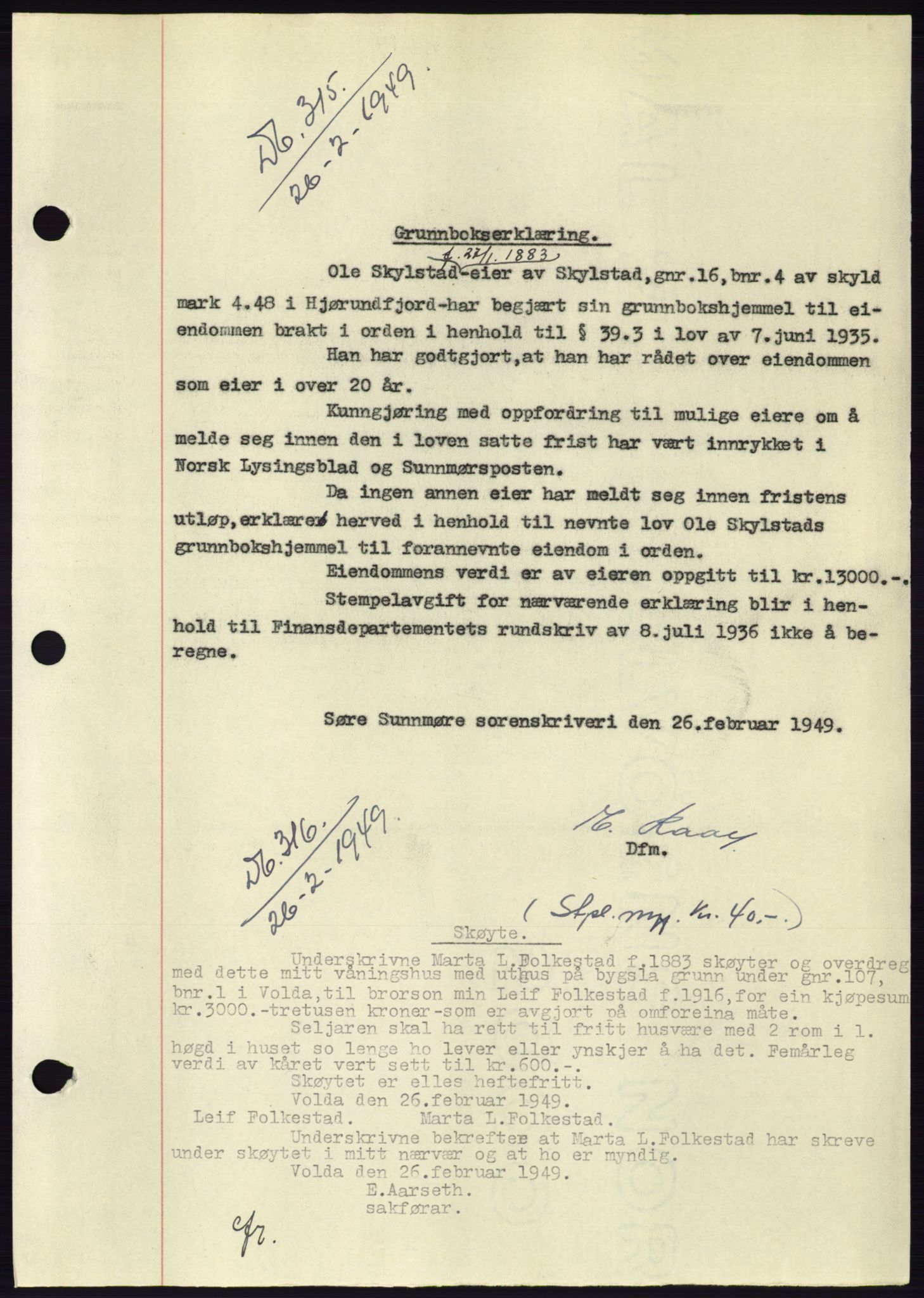 Søre Sunnmøre sorenskriveri, AV/SAT-A-4122/1/2/2C/L0084: Mortgage book no. 10A, 1949-1949, Diary no: : 315/1949