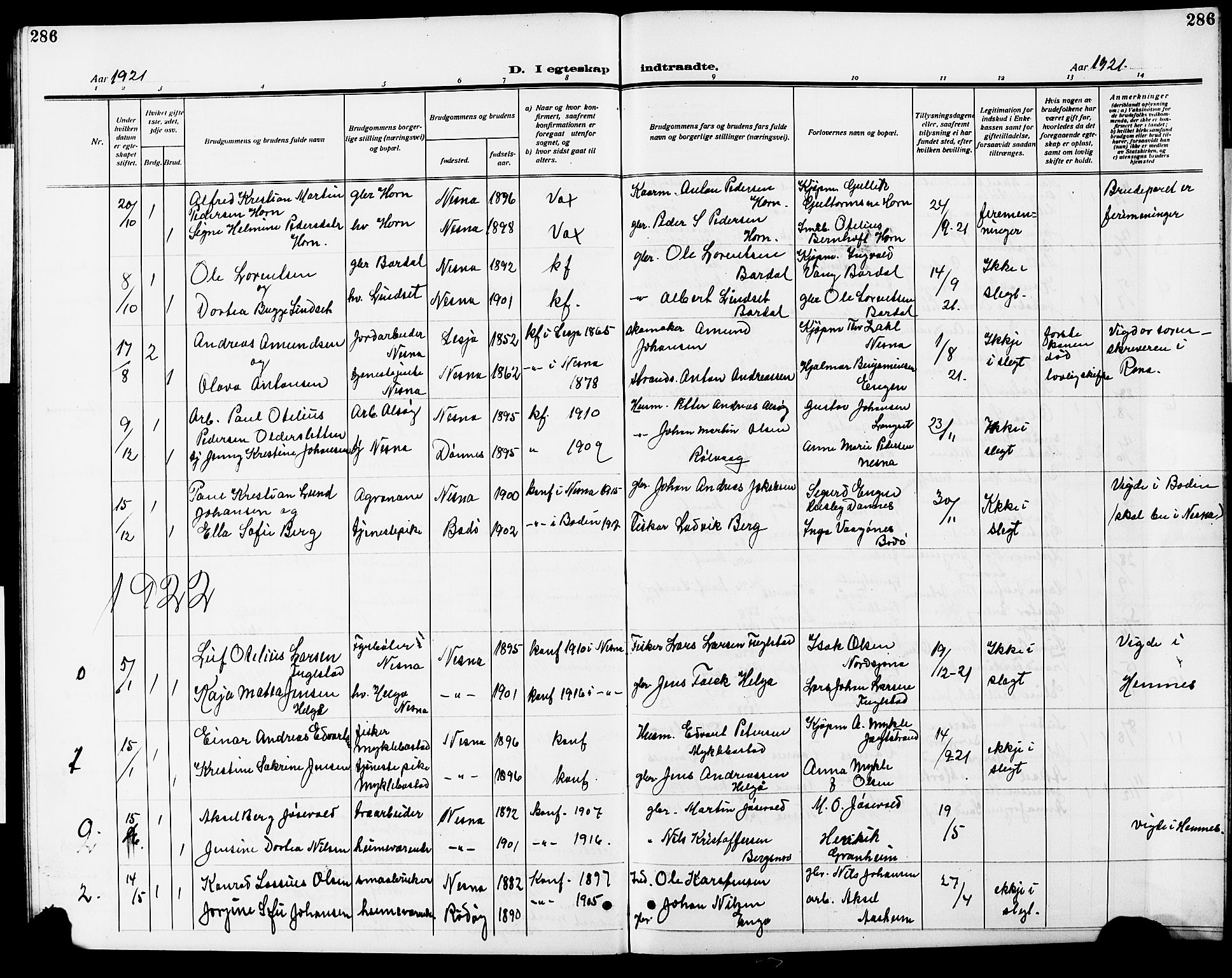 Ministerialprotokoller, klokkerbøker og fødselsregistre - Nordland, AV/SAT-A-1459/838/L0560: Parish register (copy) no. 838C07, 1910-1928, p. 286