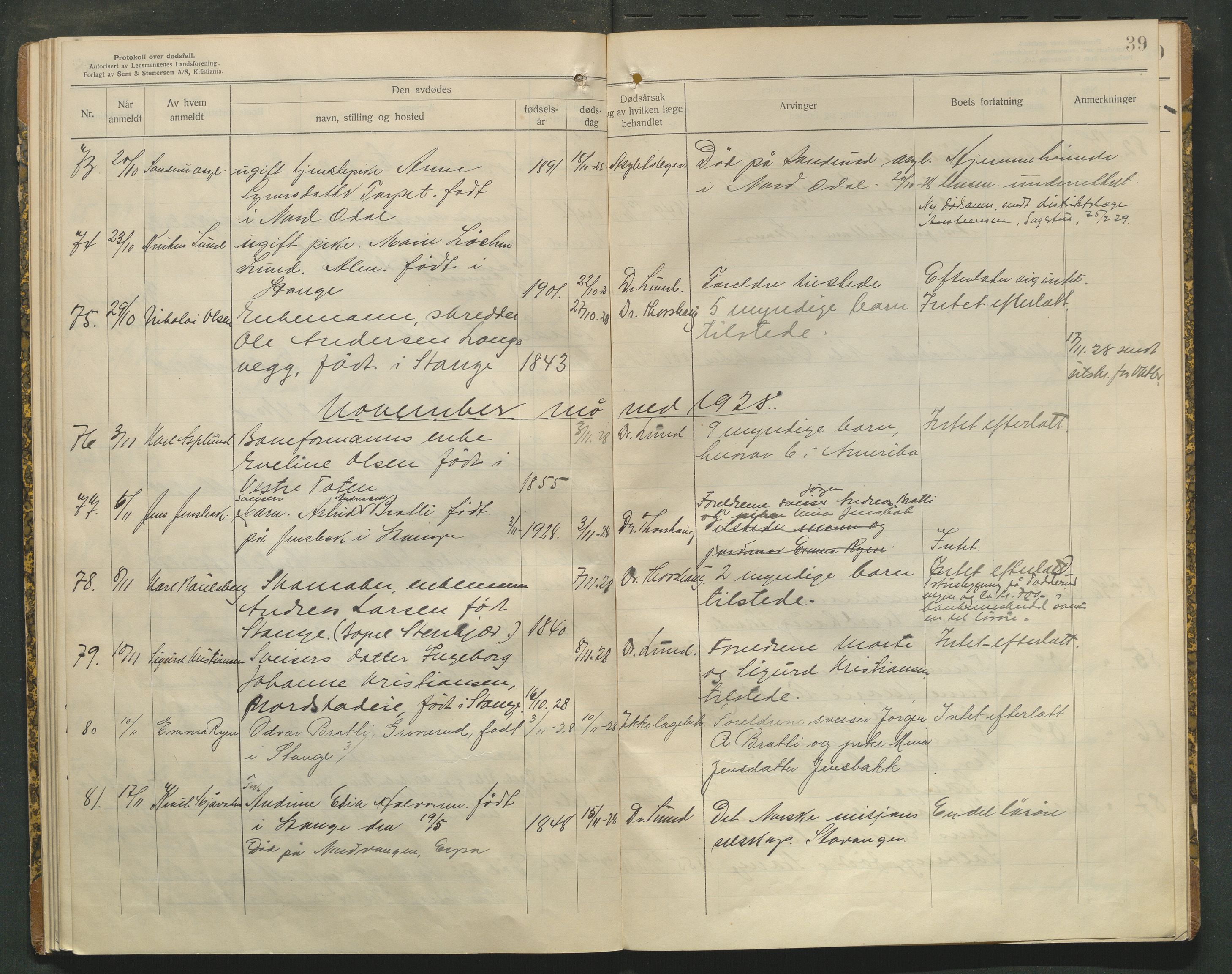 Stange lensmannskontor, AV/SAH-LHS-020/H/Ha/Haa/L0001/0005: Dødsfallsprotokoller / Dødsfallsprotokoll, 1925-1929, p. 39