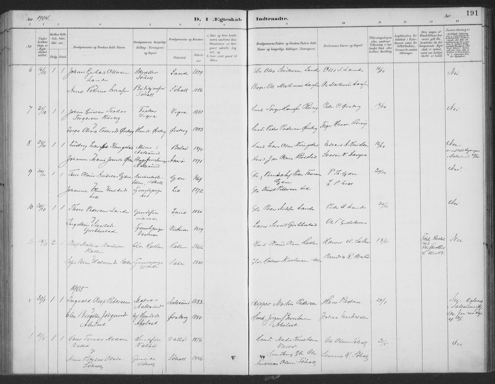 Ministerialprotokoller, klokkerbøker og fødselsregistre - Møre og Romsdal, AV/SAT-A-1454/522/L0316: Parish register (official) no. 522A11, 1890-1911, p. 191