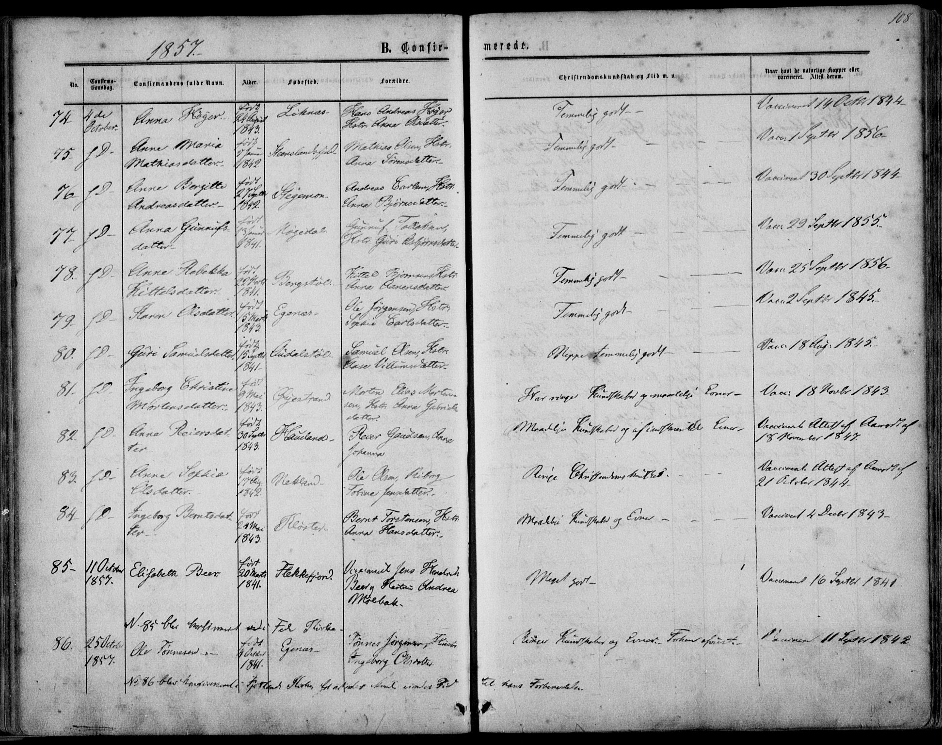 Kvinesdal sokneprestkontor, AV/SAK-1111-0026/F/Fa/Fab/L0006: Parish register (official) no. A 6, 1857-1869, p. 108