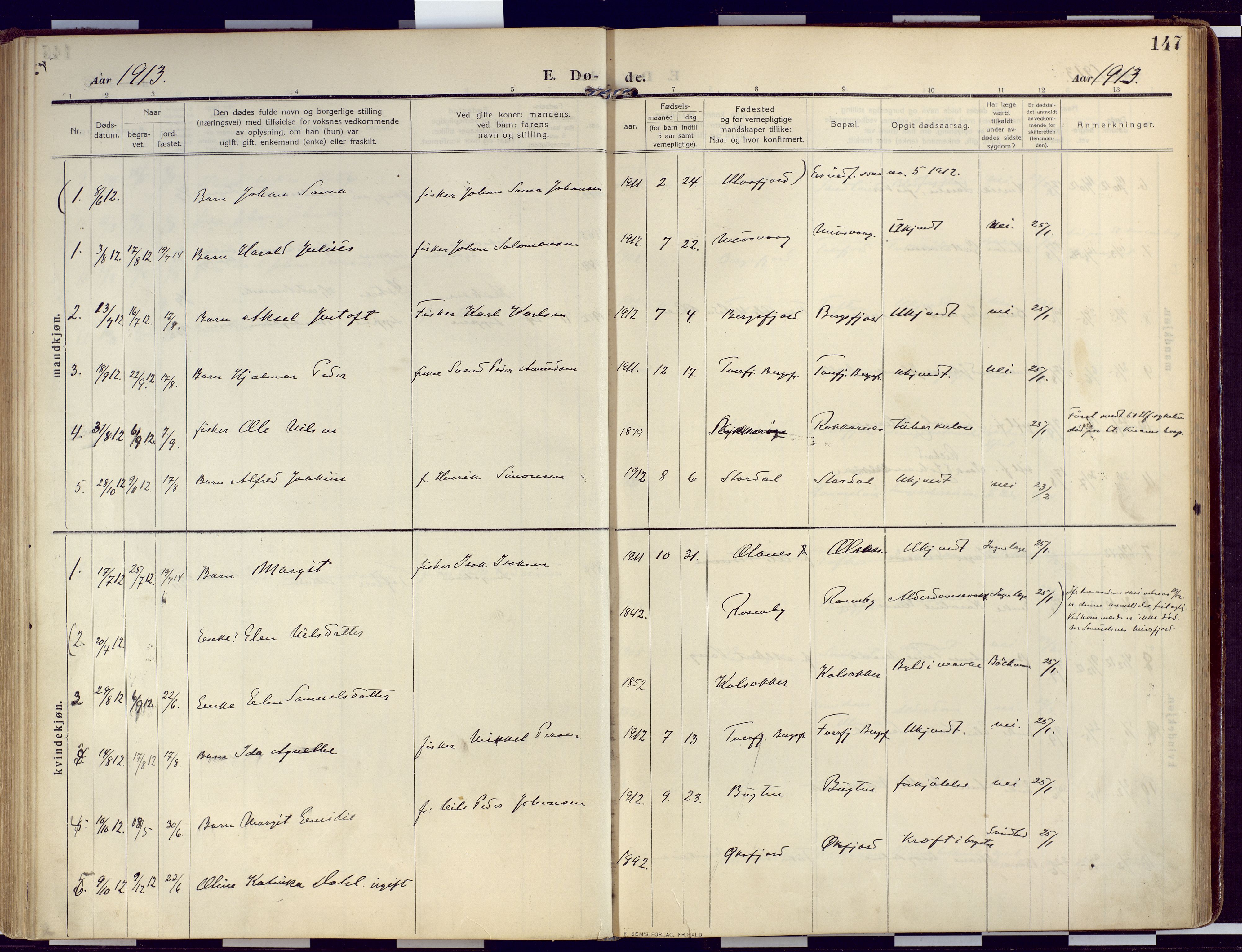 Loppa sokneprestkontor, SATØ/S-1339/H/Ha/L0011kirke: Parish register (official) no. 11, 1909-1919, p. 147