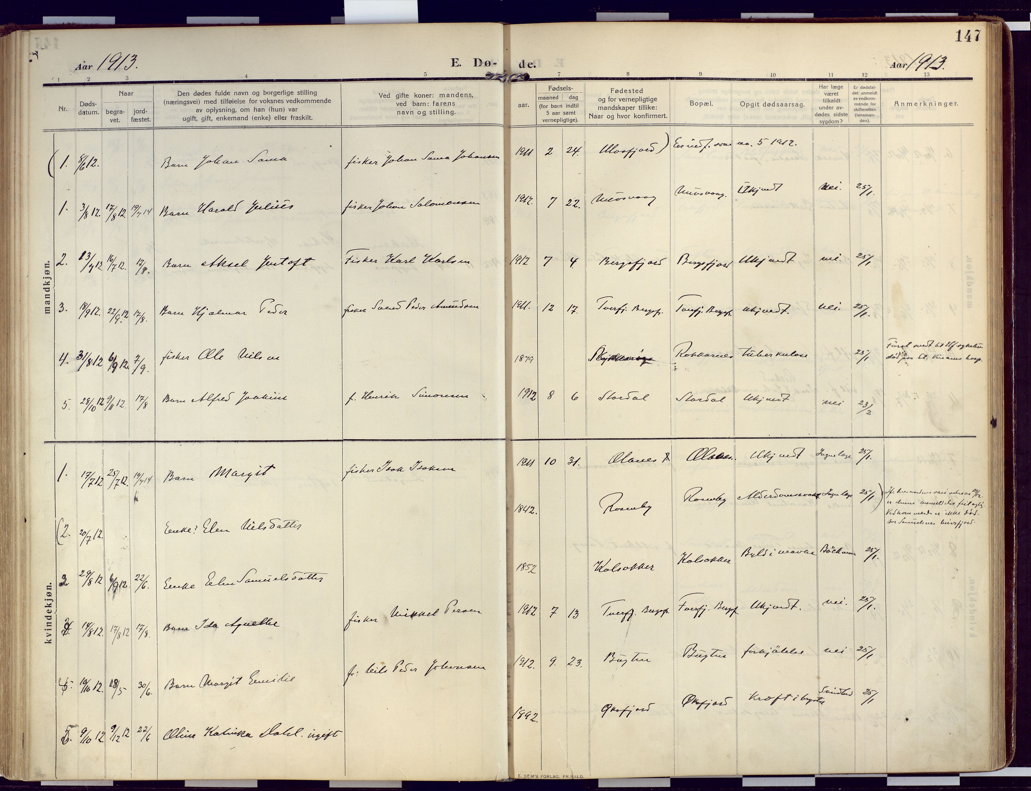 Loppa sokneprestkontor, AV/SATØ-S-1339/H/Ha/L0011kirke: Parish register (official) no. 11, 1909-1919, p. 147