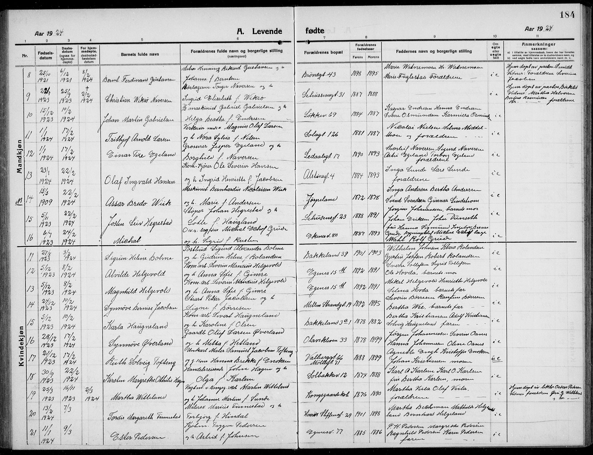 Domkirken sokneprestkontor, AV/SAST-A-101812/001/30/30BB/L0019: Parish register (copy) no. B 19, 1915-1932, p. 184