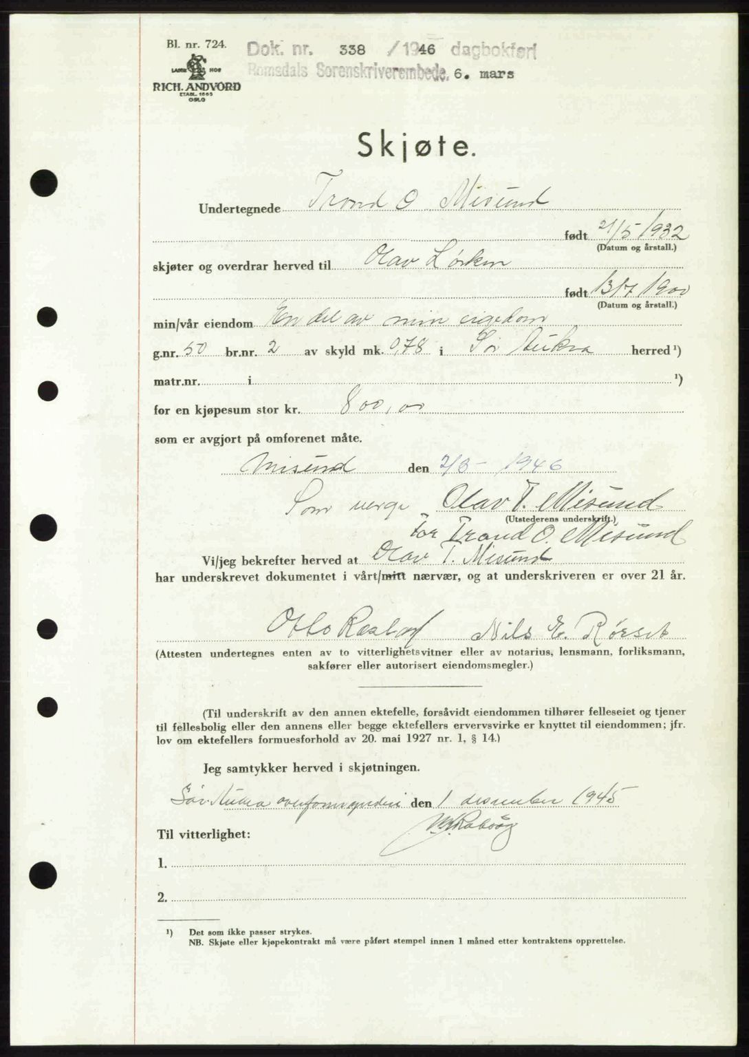 Romsdal sorenskriveri, SAT/A-4149/1/2/2C: Mortgage book no. A19, 1946-1946, Diary no: : 338/1946