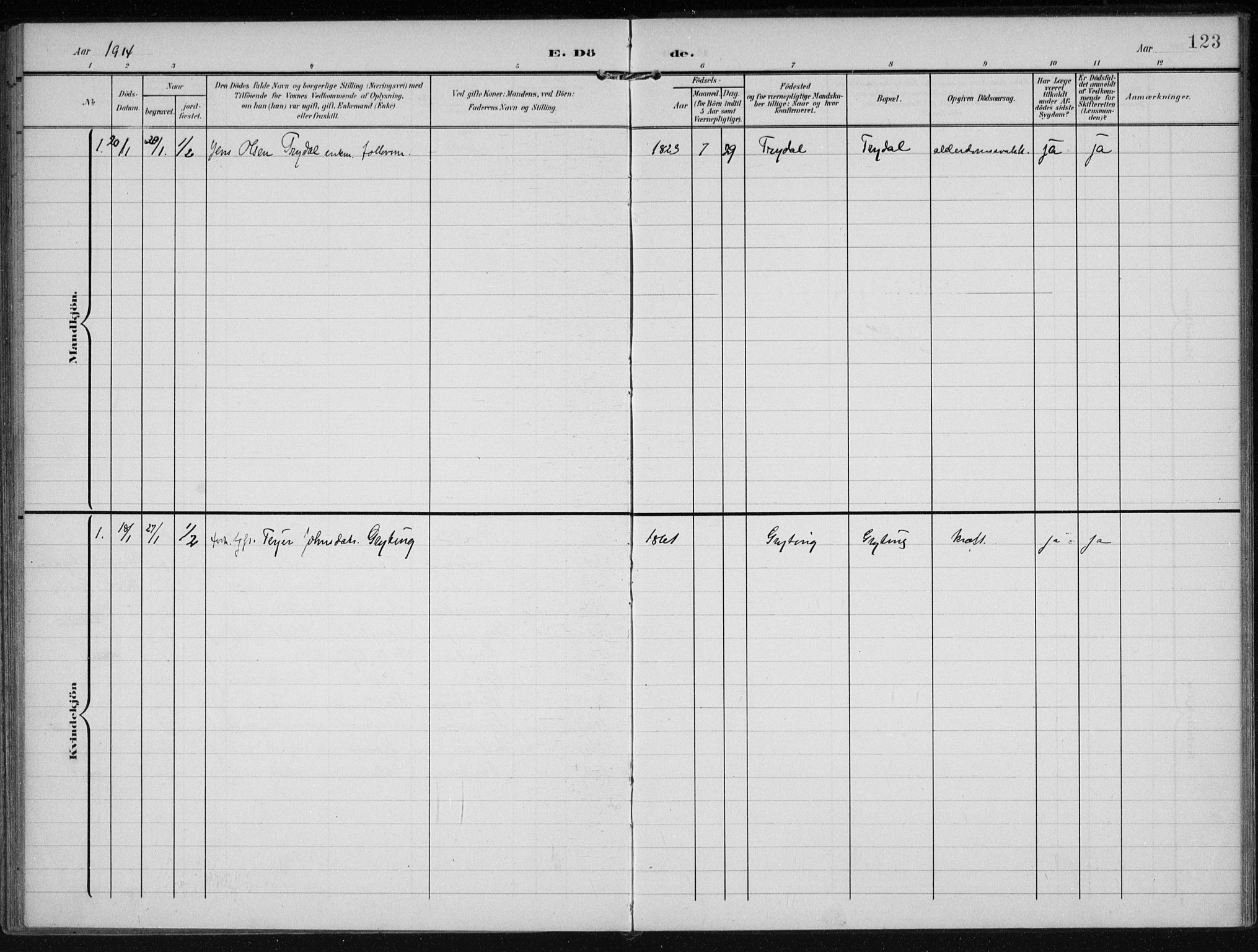 Gjerstad sokneprestkontor, SAK/1111-0014/F/Fa/Faa/L0011: Parish register (official) no. A 11, 1903-1914, p. 123