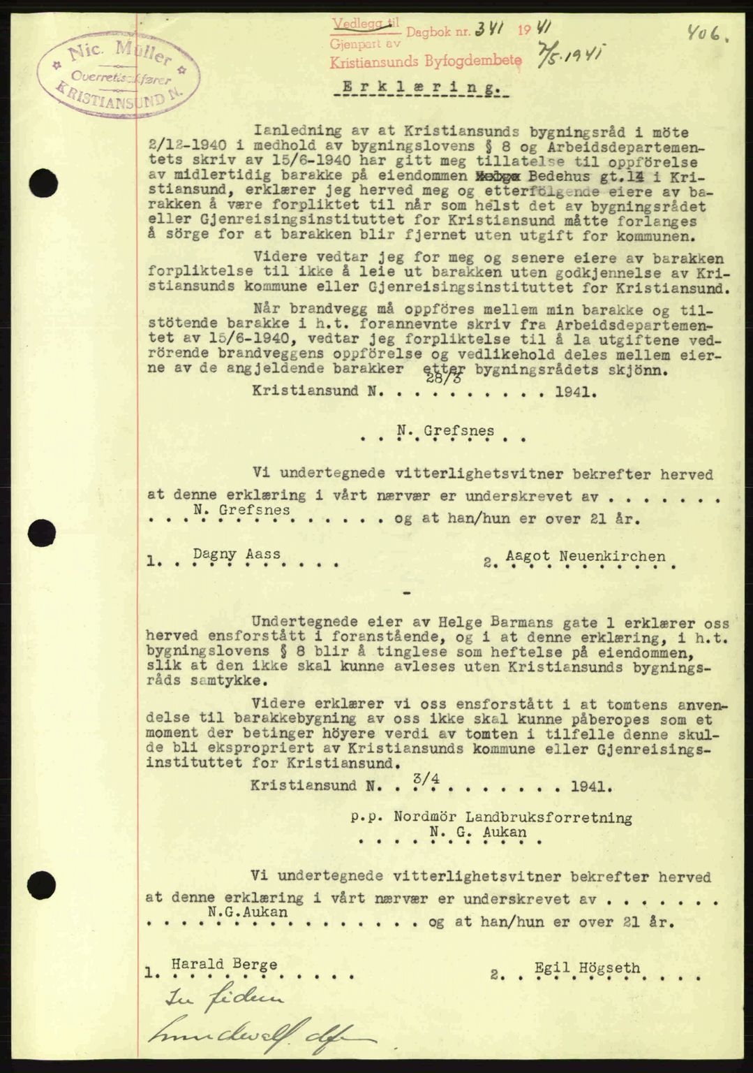 Kristiansund byfogd, AV/SAT-A-4587/A/27: Mortgage book no. 33, 1939-1941, Diary no: : 341/1941