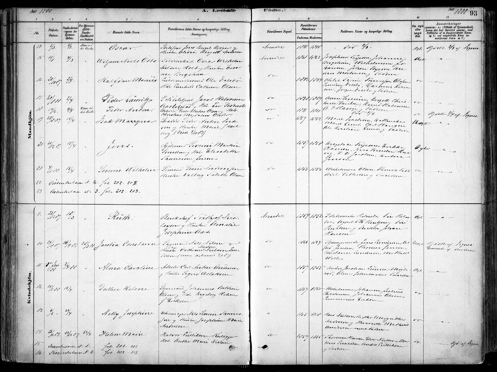 Arendal sokneprestkontor, Trefoldighet, AV/SAK-1111-0040/F/Fa/L0008: Parish register (official) no. A 8, 1878-1899, p. 93