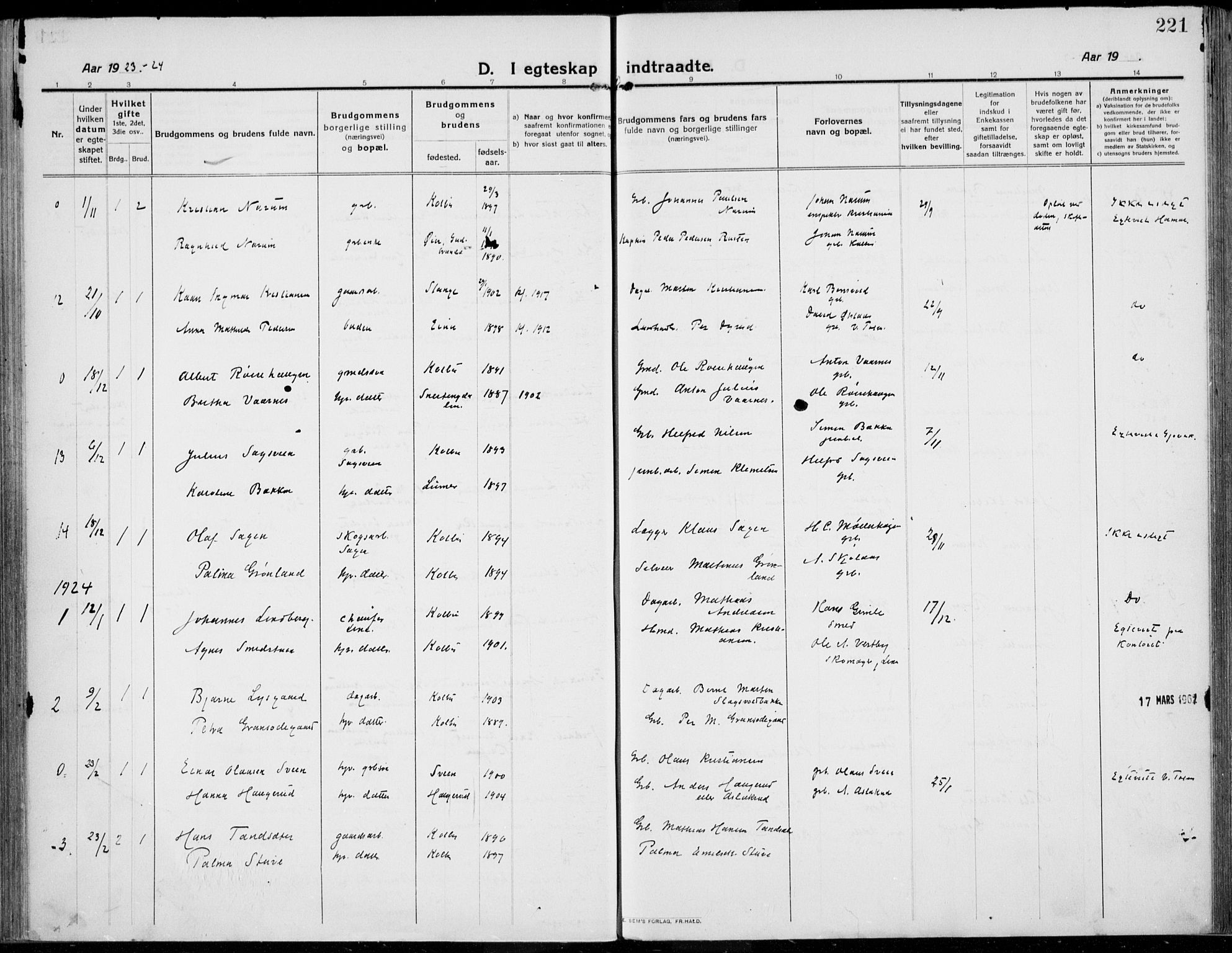 Kolbu prestekontor, SAH/PREST-110/H/Ha/Haa/L0002: Parish register (official) no. 2, 1912-1926, p. 221