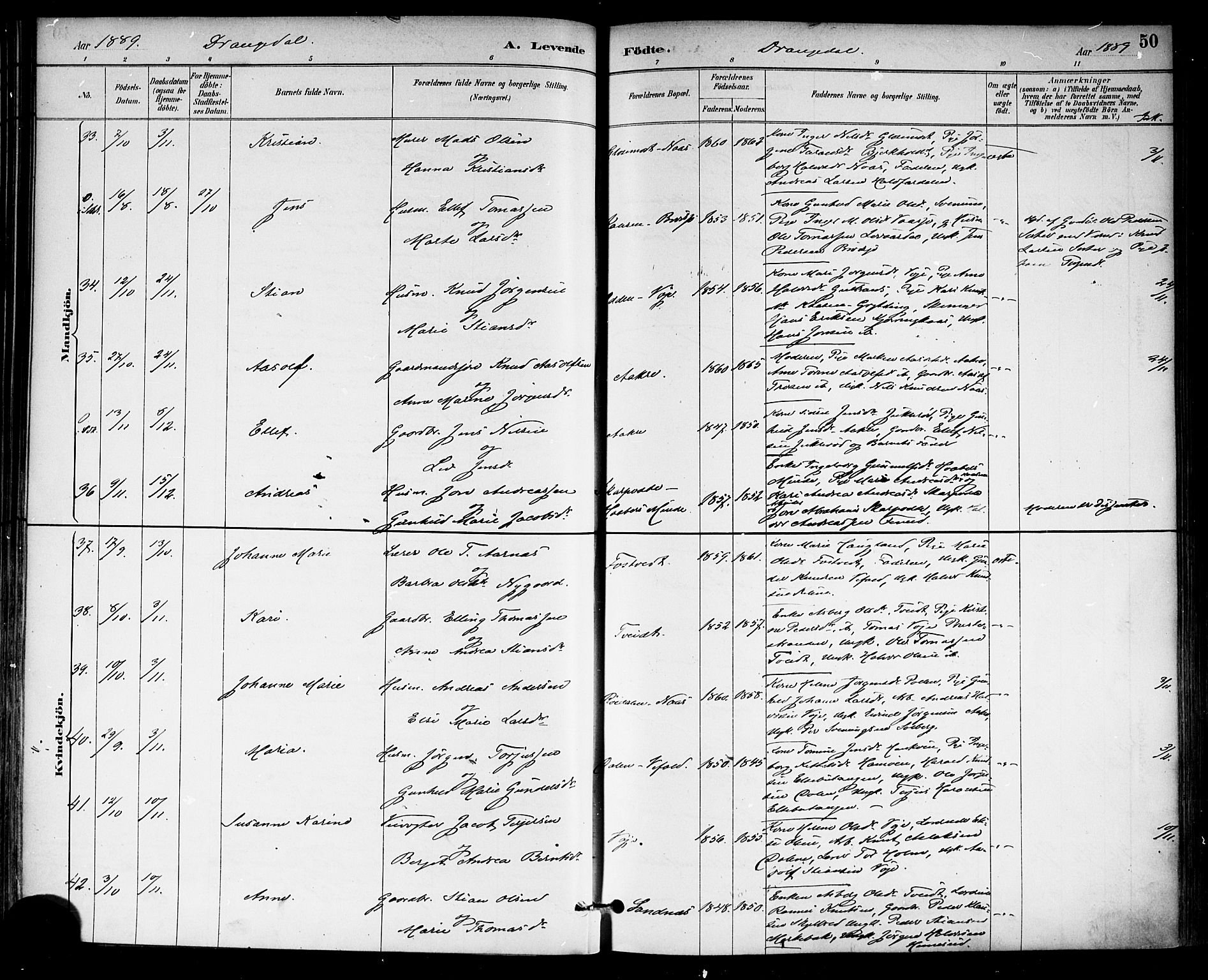 Drangedal kirkebøker, AV/SAKO-A-258/F/Fa/L0010: Parish register (official) no. 10 /1, 1885-1894, p. 50