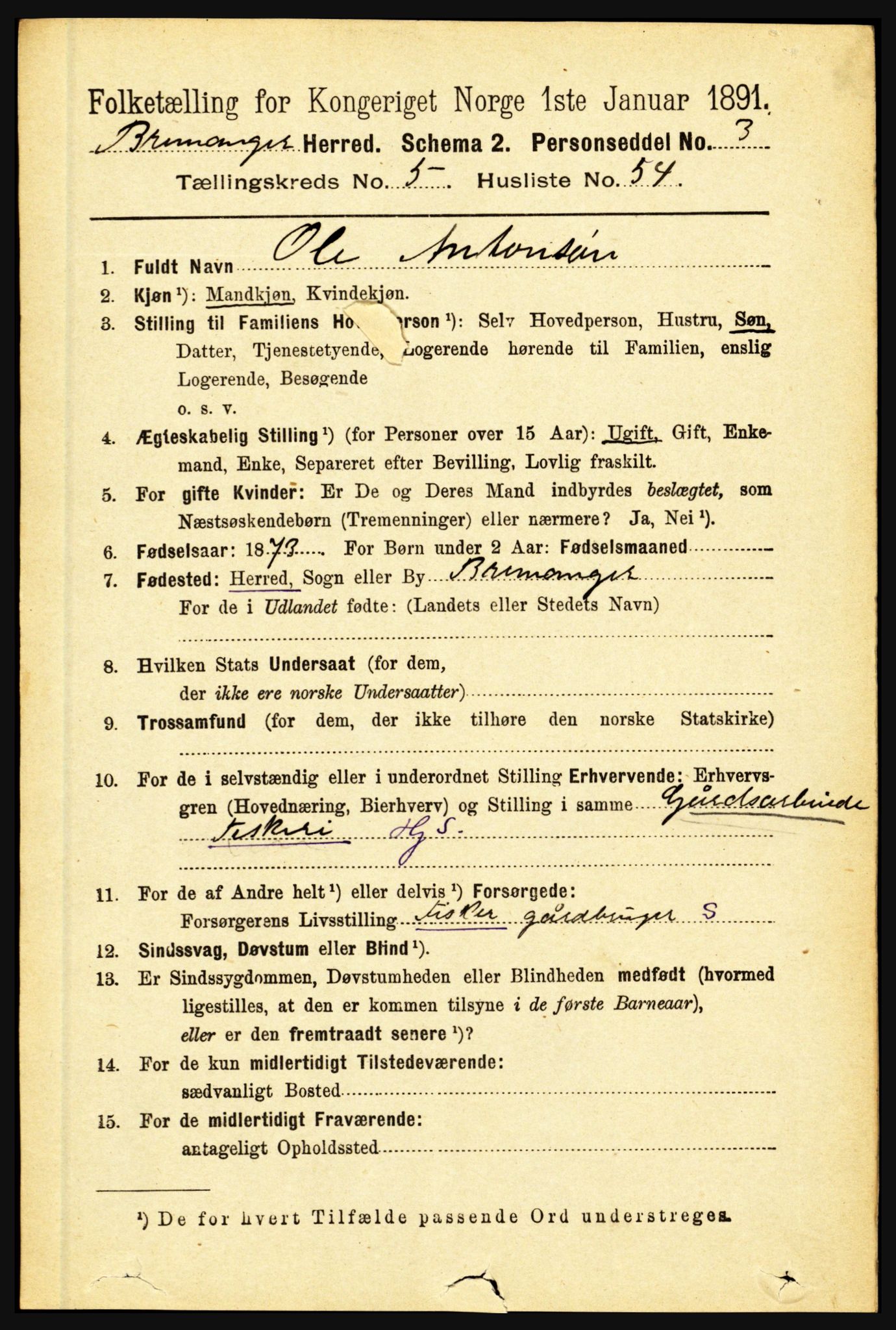 RA, 1891 census for 1438 Bremanger, 1891, p. 2322