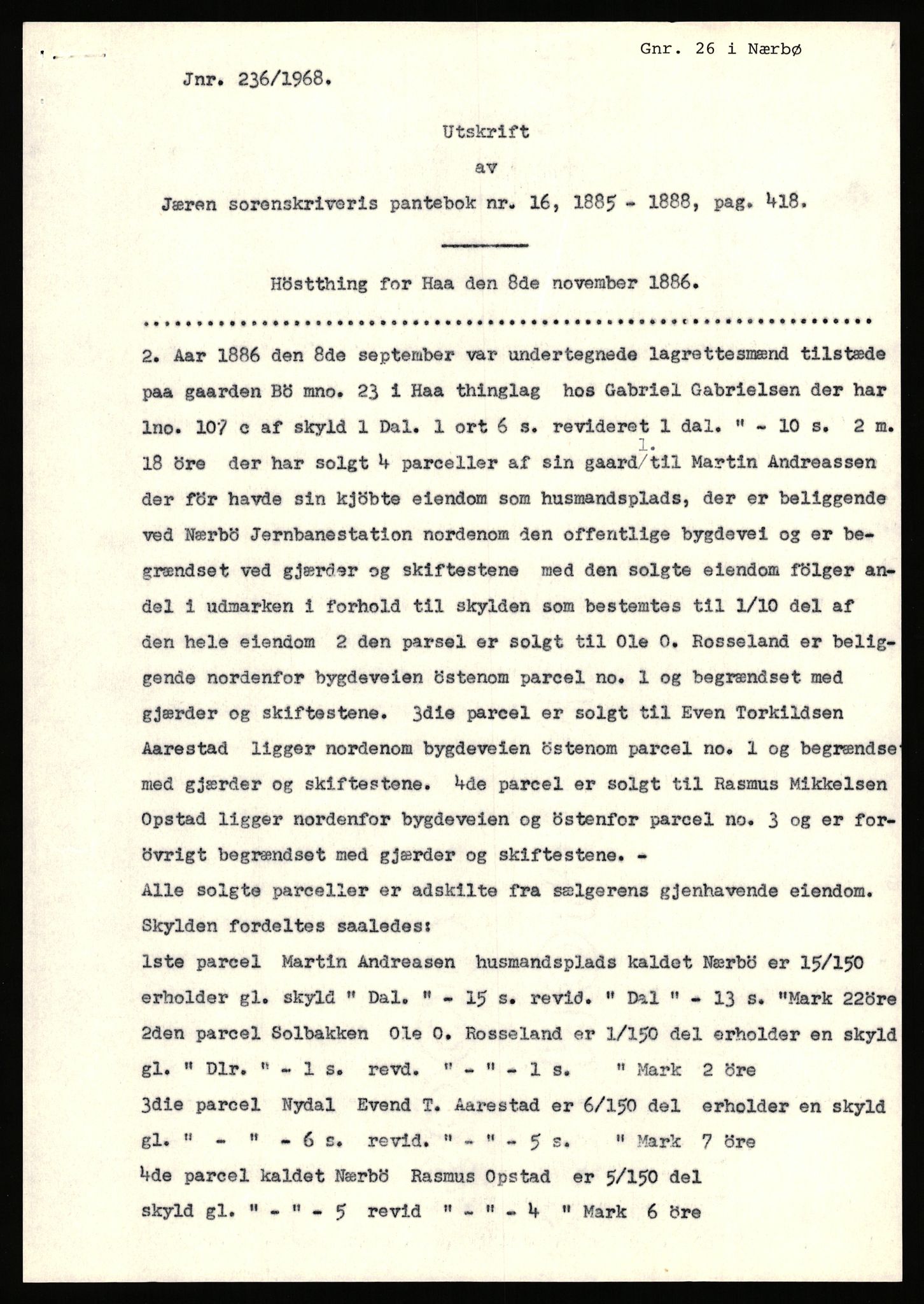 Statsarkivet i Stavanger, SAST/A-101971/03/Y/Yj/L0013: Avskrifter sortert etter gårdsnavn: Bæreim - Dalen, 1750-1930, p. 276