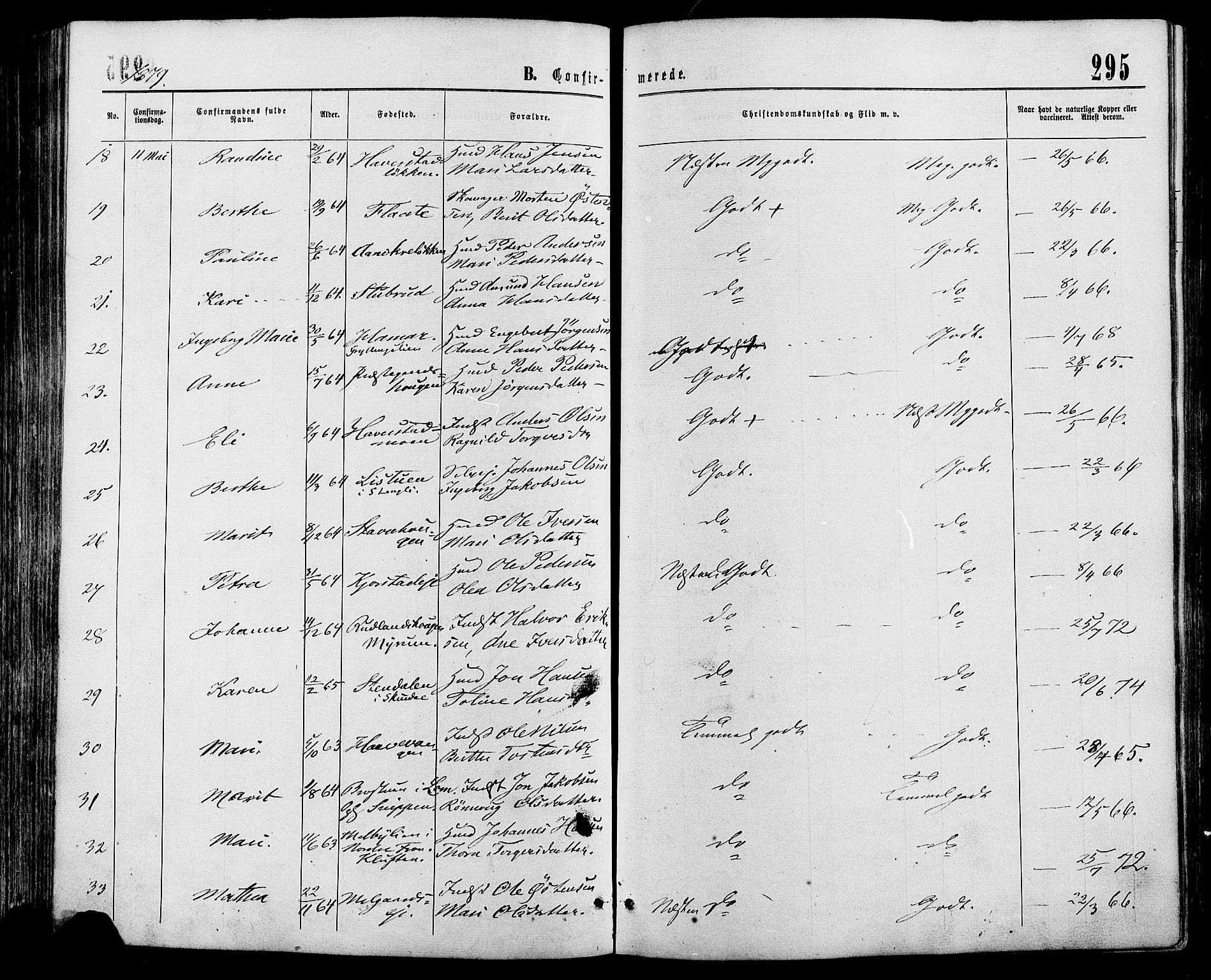 Sør-Fron prestekontor, SAH/PREST-010/H/Ha/Haa/L0002: Parish register (official) no. 2, 1864-1880, p. 295