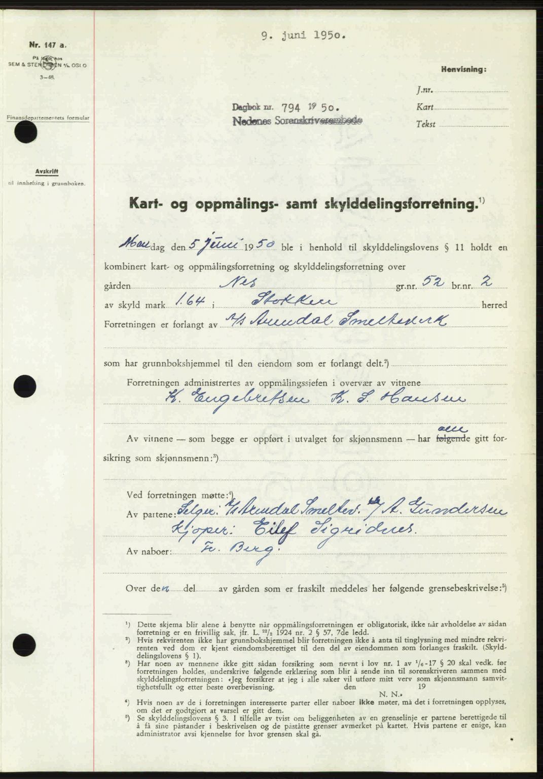 Nedenes sorenskriveri, AV/SAK-1221-0006/G/Gb/Gba/L0062: Mortgage book no. A14, 1949-1950, Diary no: : 794/1950