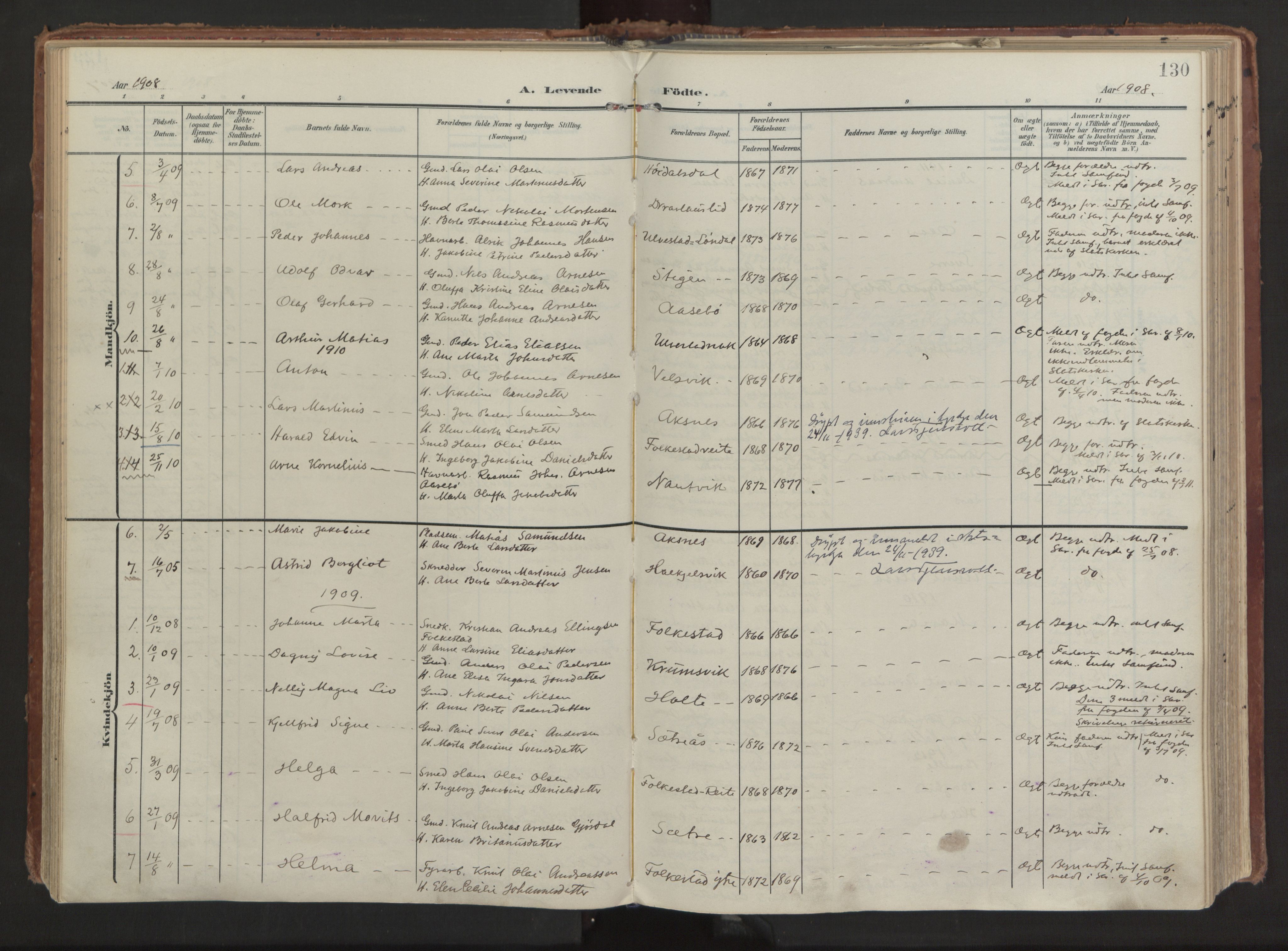 Ministerialprotokoller, klokkerbøker og fødselsregistre - Møre og Romsdal, AV/SAT-A-1454/511/L0144: Parish register (official) no. 511A11, 1906-1923, p. 130