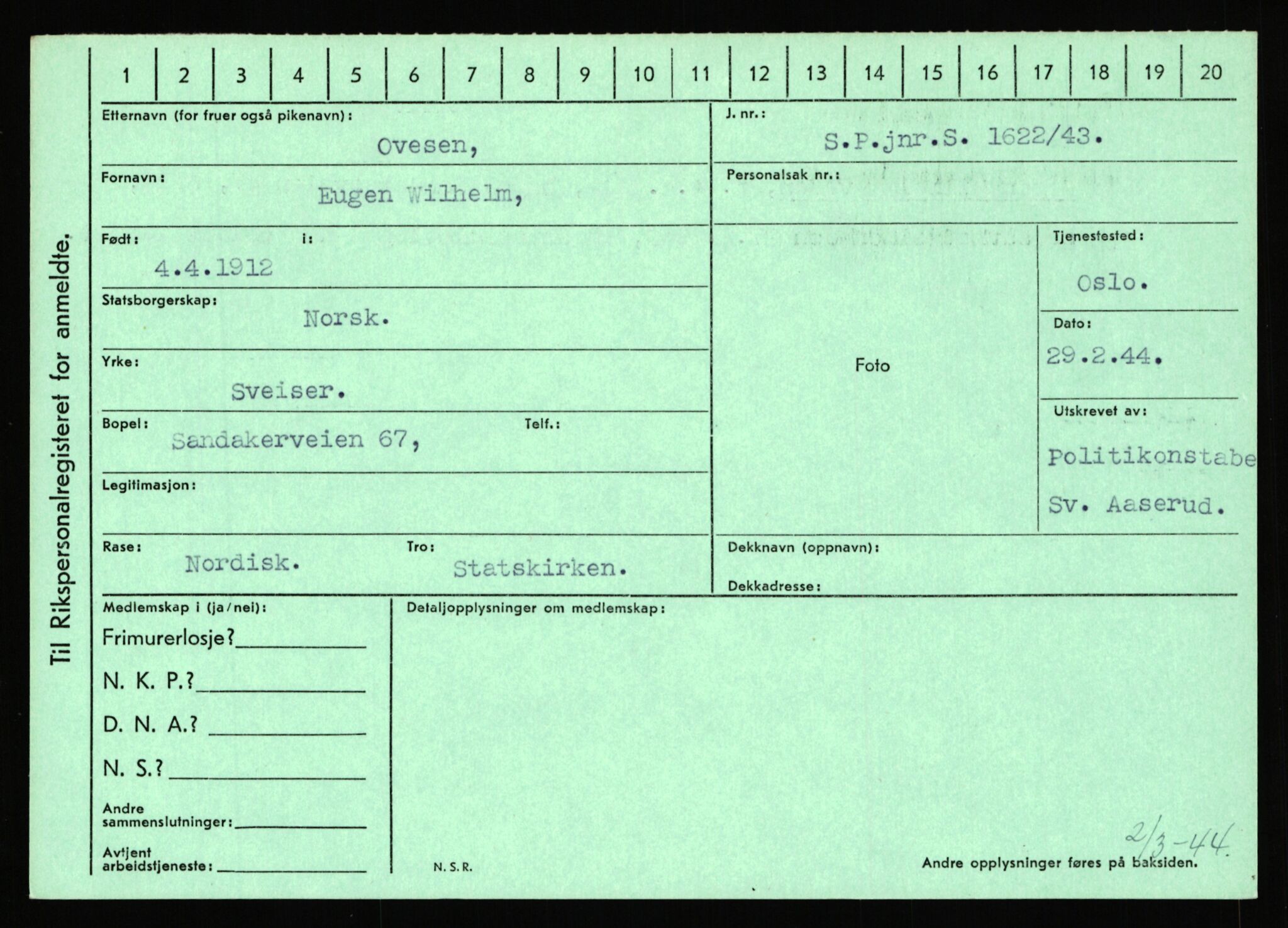 Statspolitiet - Hovedkontoret / Osloavdelingen, AV/RA-S-1329/C/Ca/L0012: Oanæs - Quistgaard	, 1943-1945, p. 2840