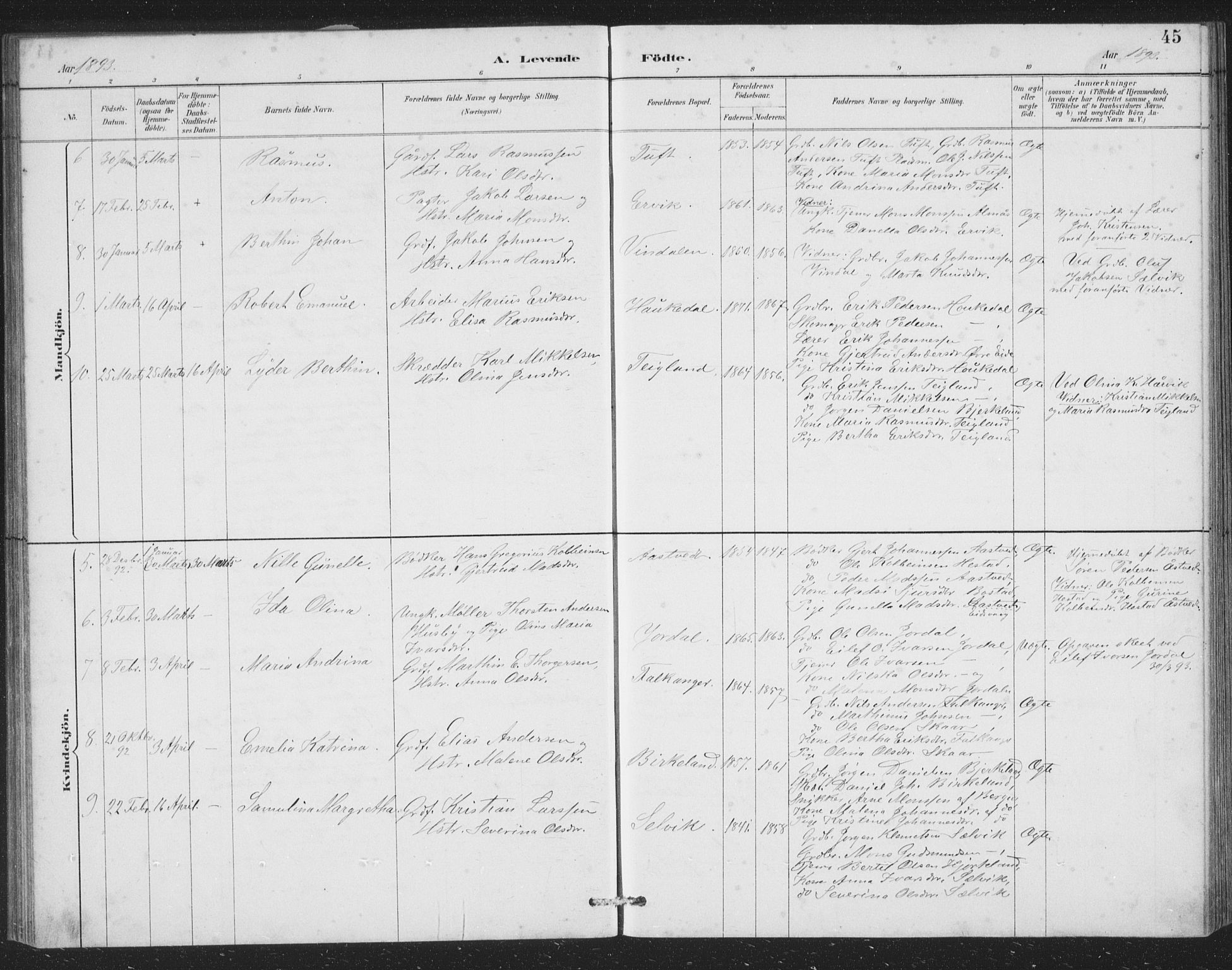 Åsane sokneprestembete, SAB/A-79401/H/Hab: Parish register (copy) no. A 2, 1885-1898, p. 45