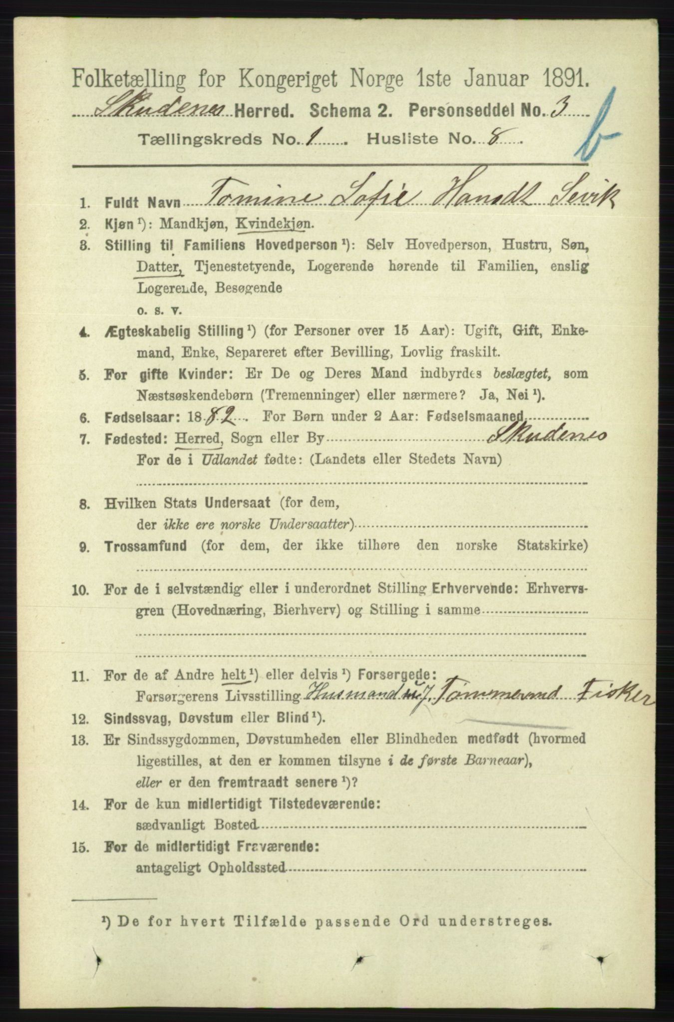 RA, 1891 census for 1150 Skudenes, 1891, p. 3444