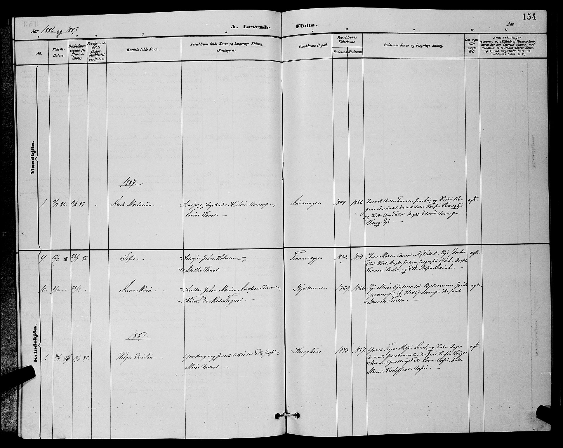 Sørum prestekontor Kirkebøker, AV/SAO-A-10303/G/Ga/L0005: Parish register (copy) no. I 5.2, 1886-1894, p. 154