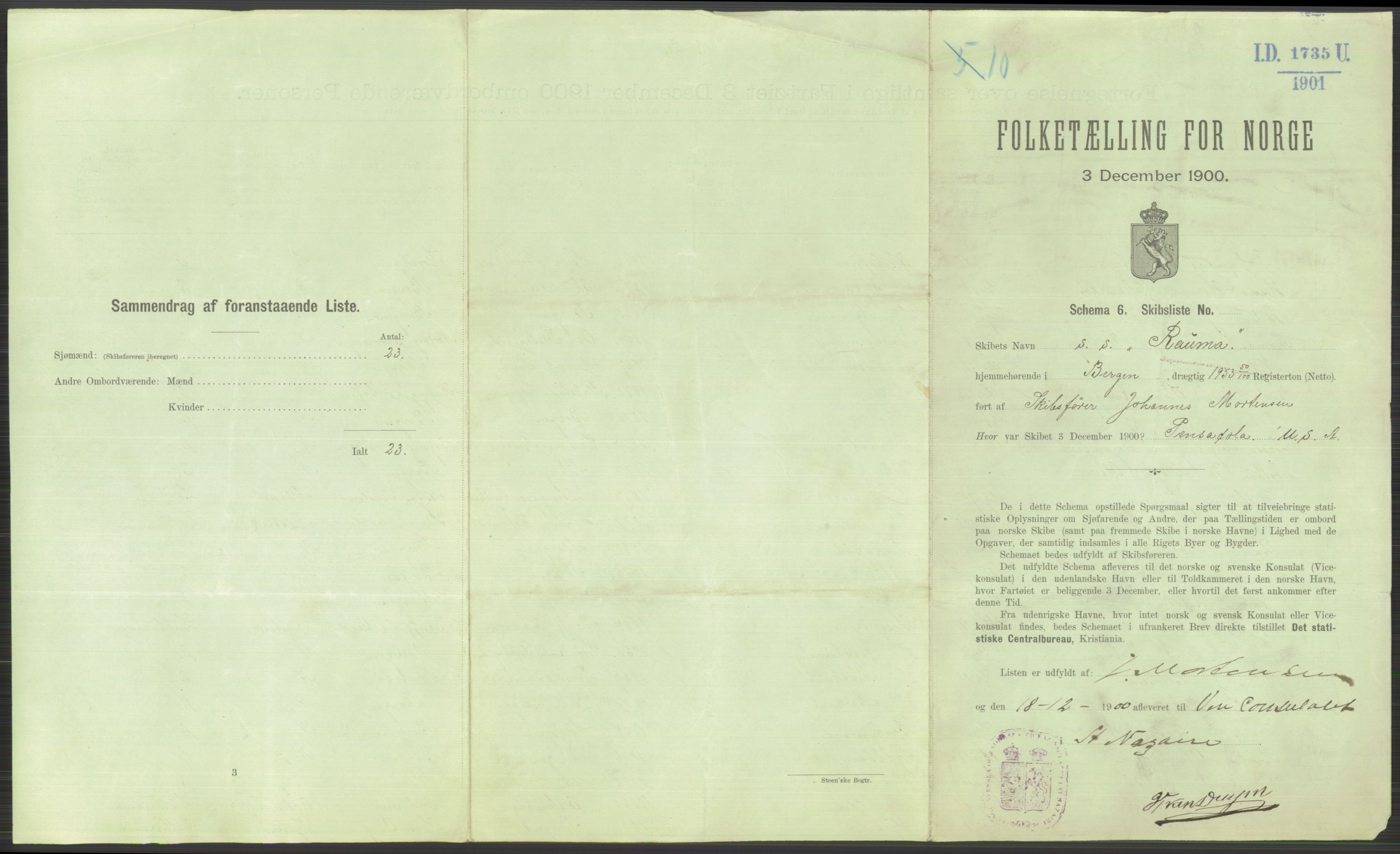 RA, 1900 Census - ship lists from ships in Norwegian harbours, harbours abroad and at sea, 1900, p. 4747