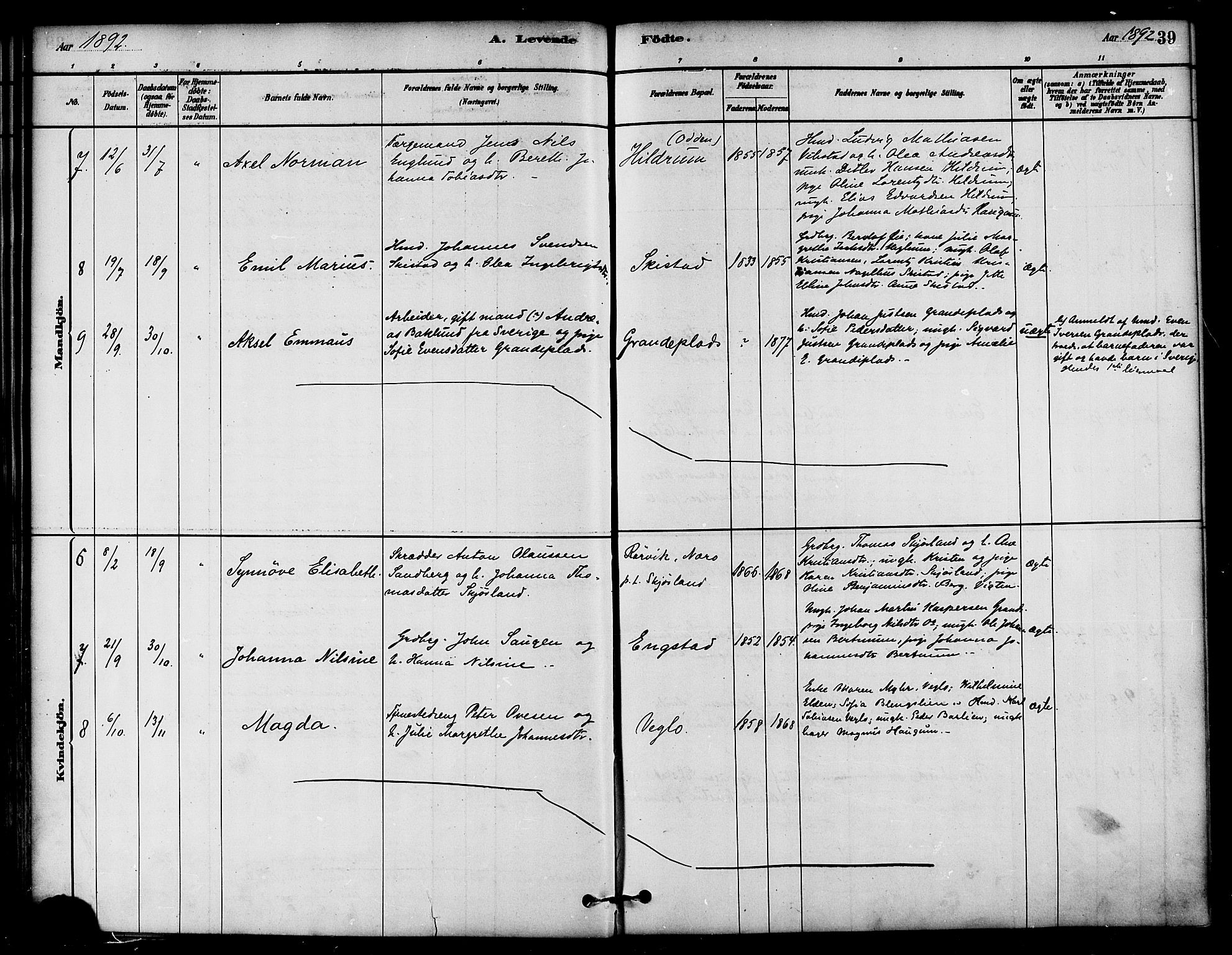 Ministerialprotokoller, klokkerbøker og fødselsregistre - Nord-Trøndelag, AV/SAT-A-1458/764/L0555: Parish register (official) no. 764A10, 1881-1896, p. 39