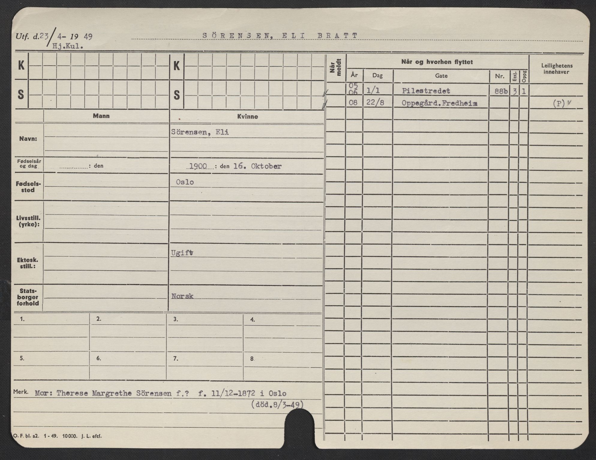 Oslo folkeregister, Registerkort, AV/SAO-A-11715/F/Fa/Fac/L0024: Kvinner, 1906-1914, p. 875a