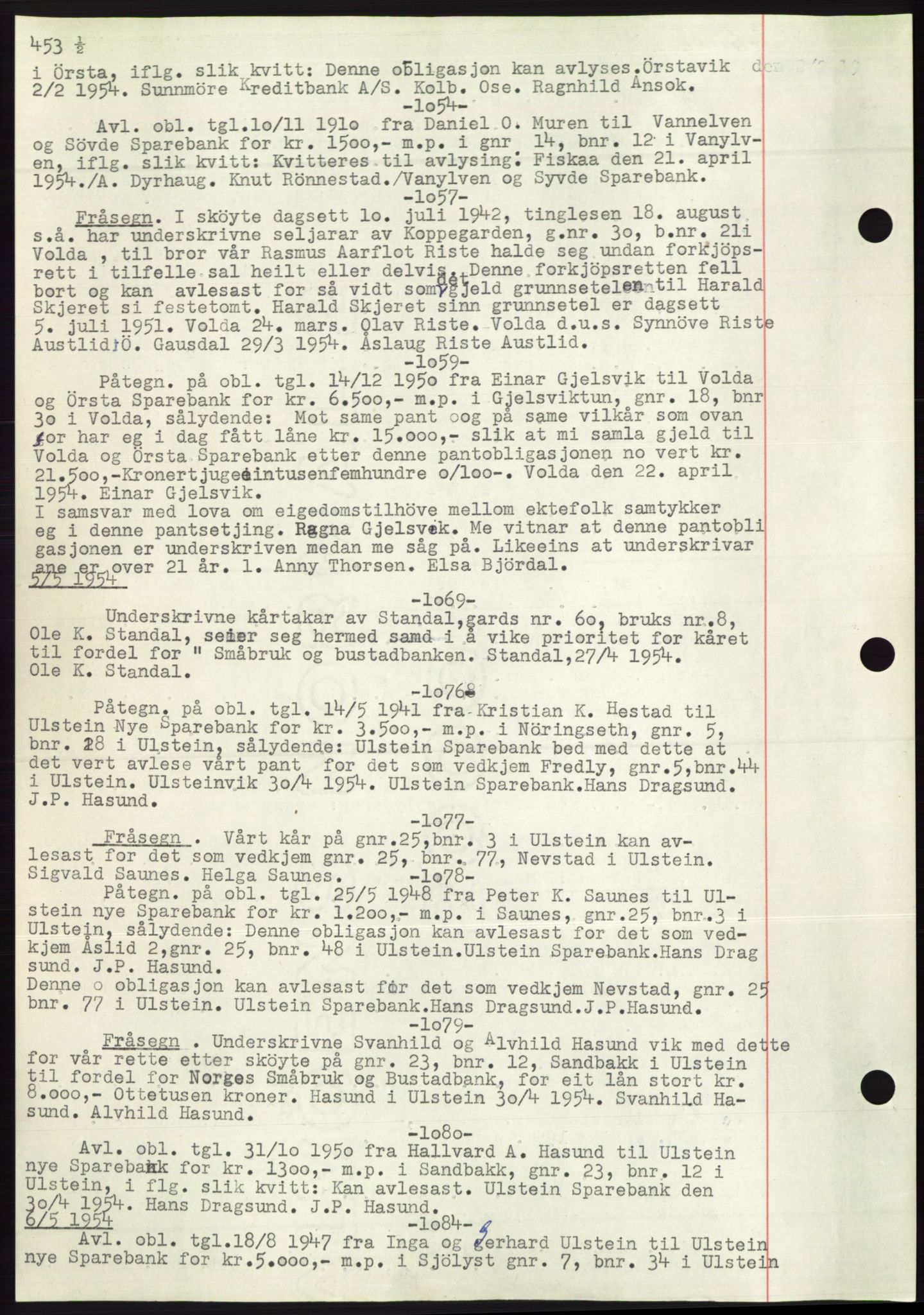 Søre Sunnmøre sorenskriveri, AV/SAT-A-4122/1/2/2C/L0072: Mortgage book no. 66, 1941-1955, Diary no: : 1054/1954