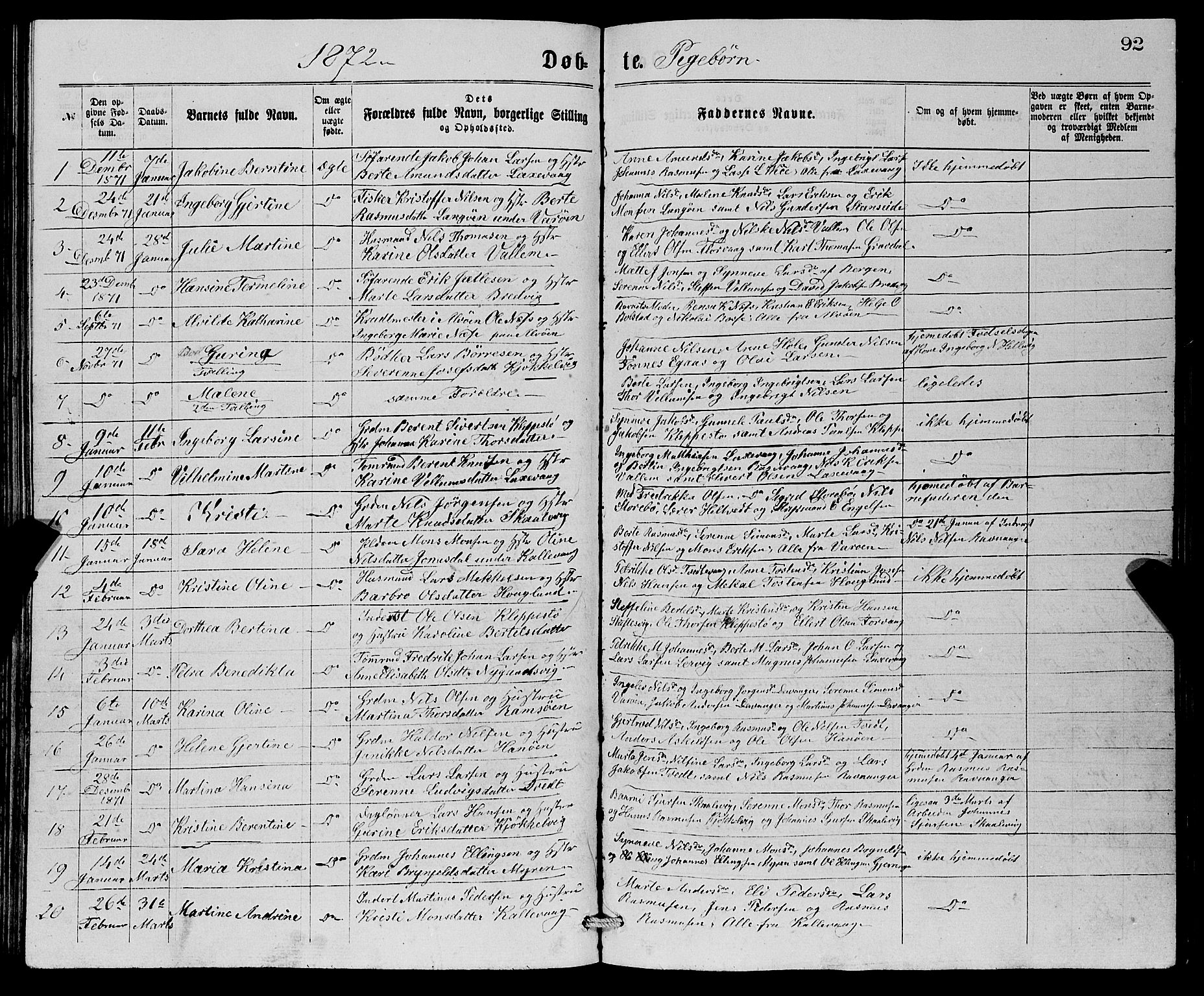 Askøy Sokneprestembete, AV/SAB-A-74101/H/Ha/Hab/Haba/L0007: Parish register (copy) no. A 7, 1871-1881, p. 92