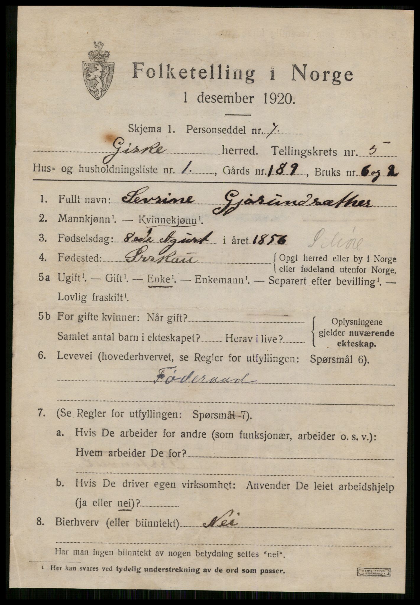 SAT, 1920 census for Giske, 1920, p. 3640