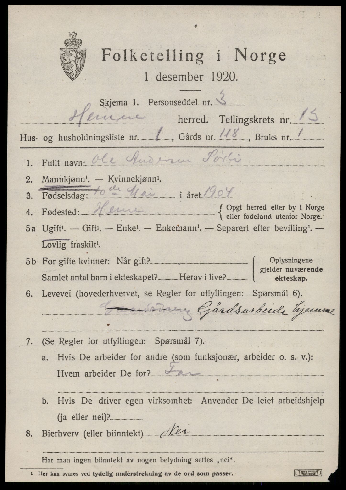 SAT, 1920 census for Hemne, 1920, p. 7276