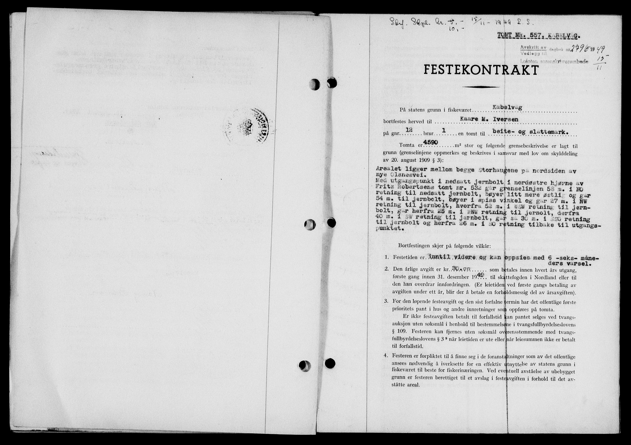 Lofoten sorenskriveri, AV/SAT-A-0017/1/2/2C/L0022a: Mortgage book no. 22a, 1949-1950, Diary no: : 2796/1949