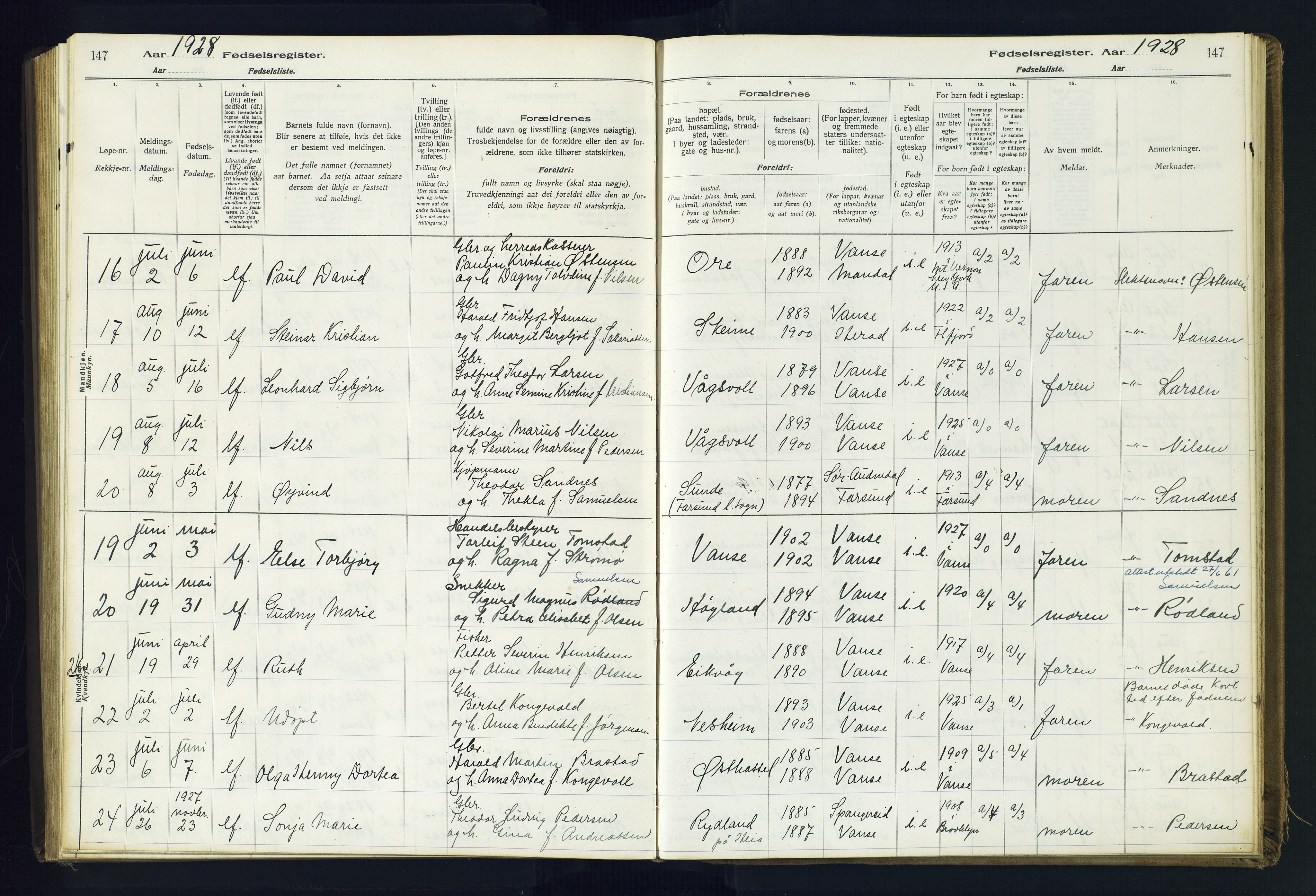 Lista sokneprestkontor, AV/SAK-1111-0027/J/Ja/L0001: Birth register no. A-VI-30, 1916-1934, p. 147