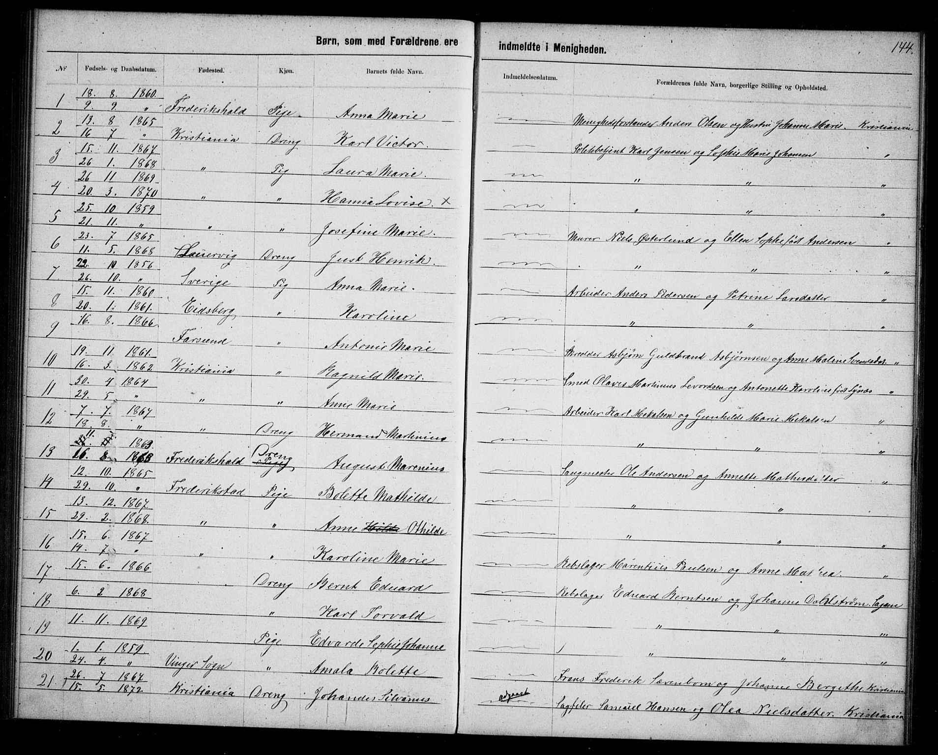 Første Metodistkirke Oslo -  menighetsprotokoller, AV/SAO-PAO-0067/F/L0003: Dissenter register no. 3, 1872-1877, p. 144