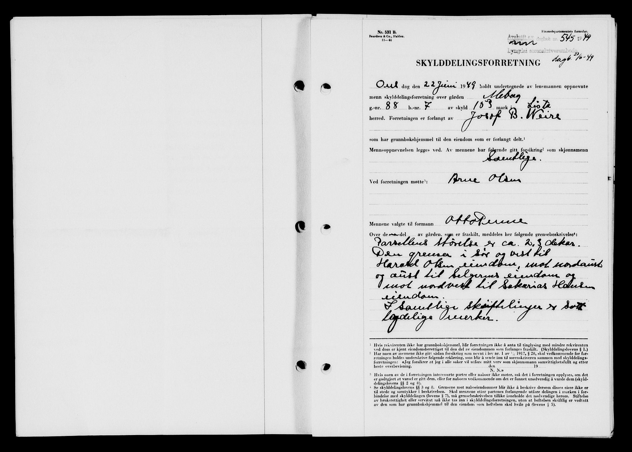 Lyngdal sorenskriveri, AV/SAK-1221-0004/G/Gb/L0663: Mortgage book no. A IX, 1948-1949, Diary no: : 545/1949