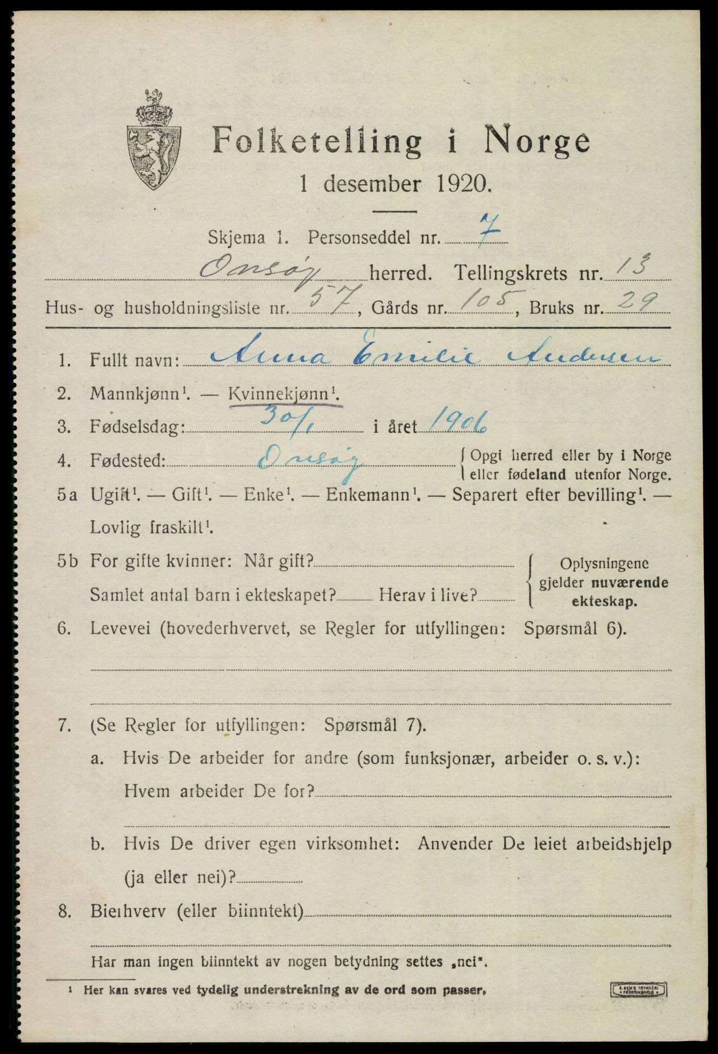 SAO, 1920 census for Onsøy, 1920, p. 16206