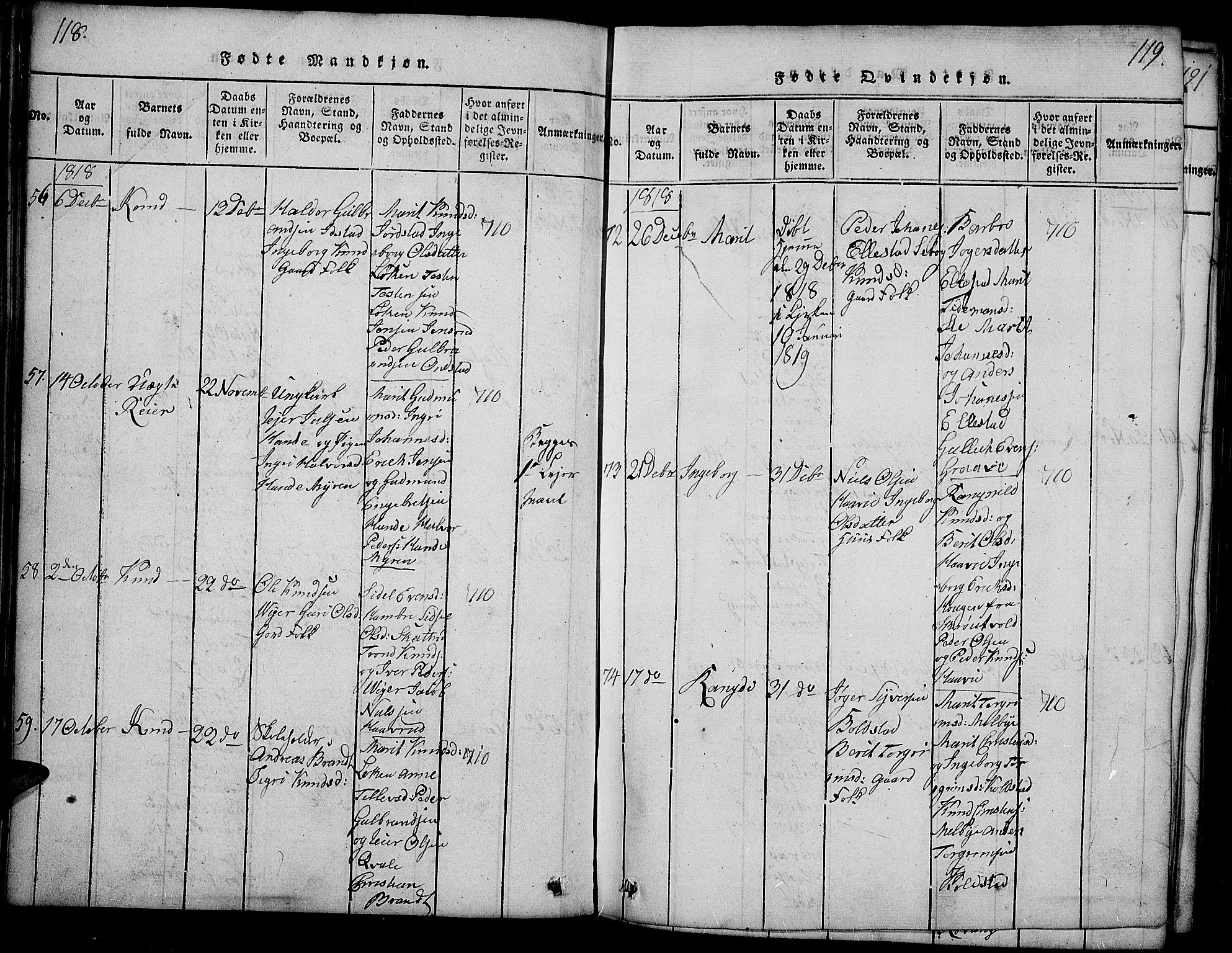 Slidre prestekontor, SAH/PREST-134/H/Ha/Haa/L0002: Parish register (official) no. 2, 1814-1830, p. 118-119