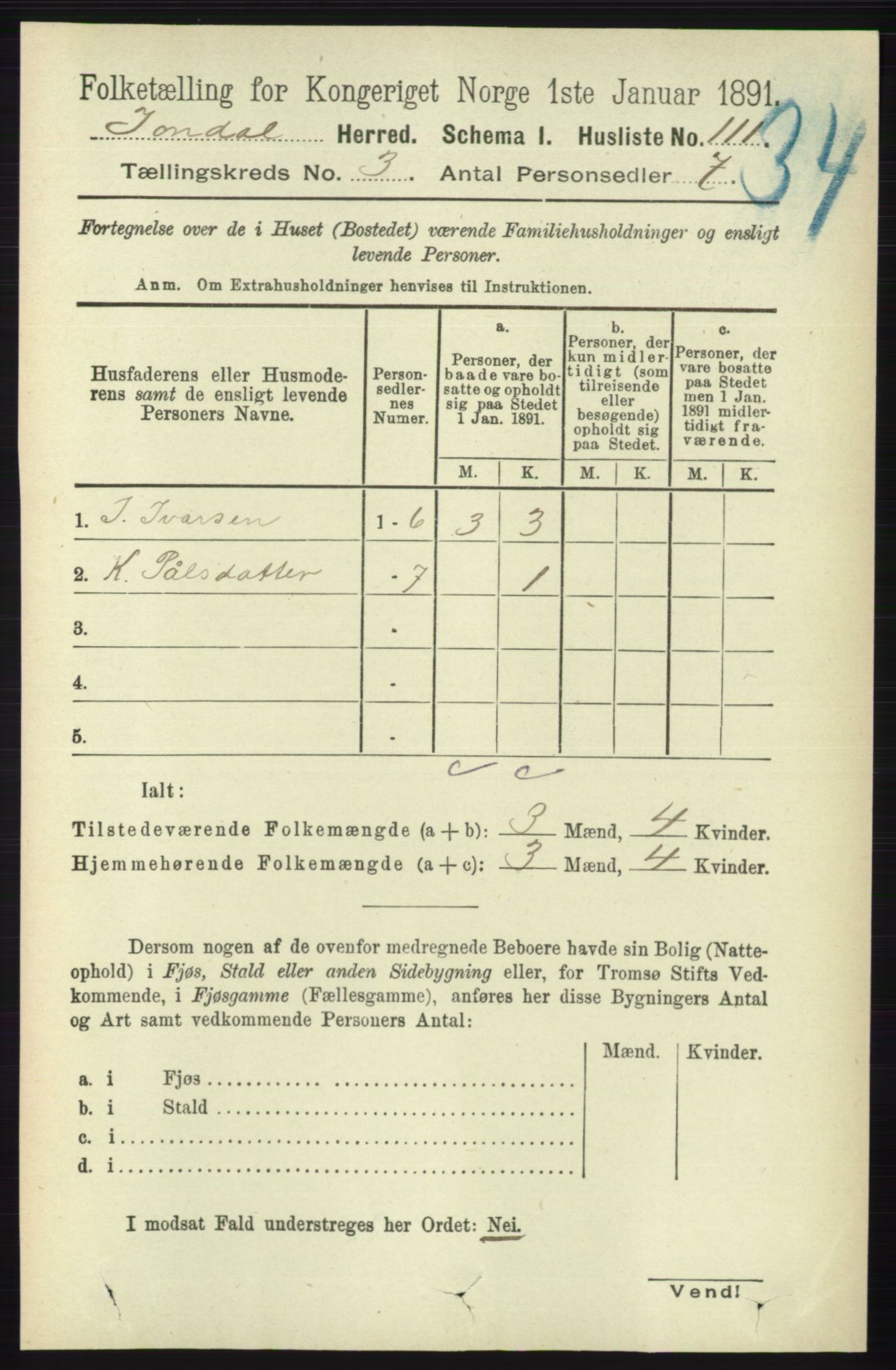 RA, 1891 census for 1227 Jondal, 1891, p. 1292