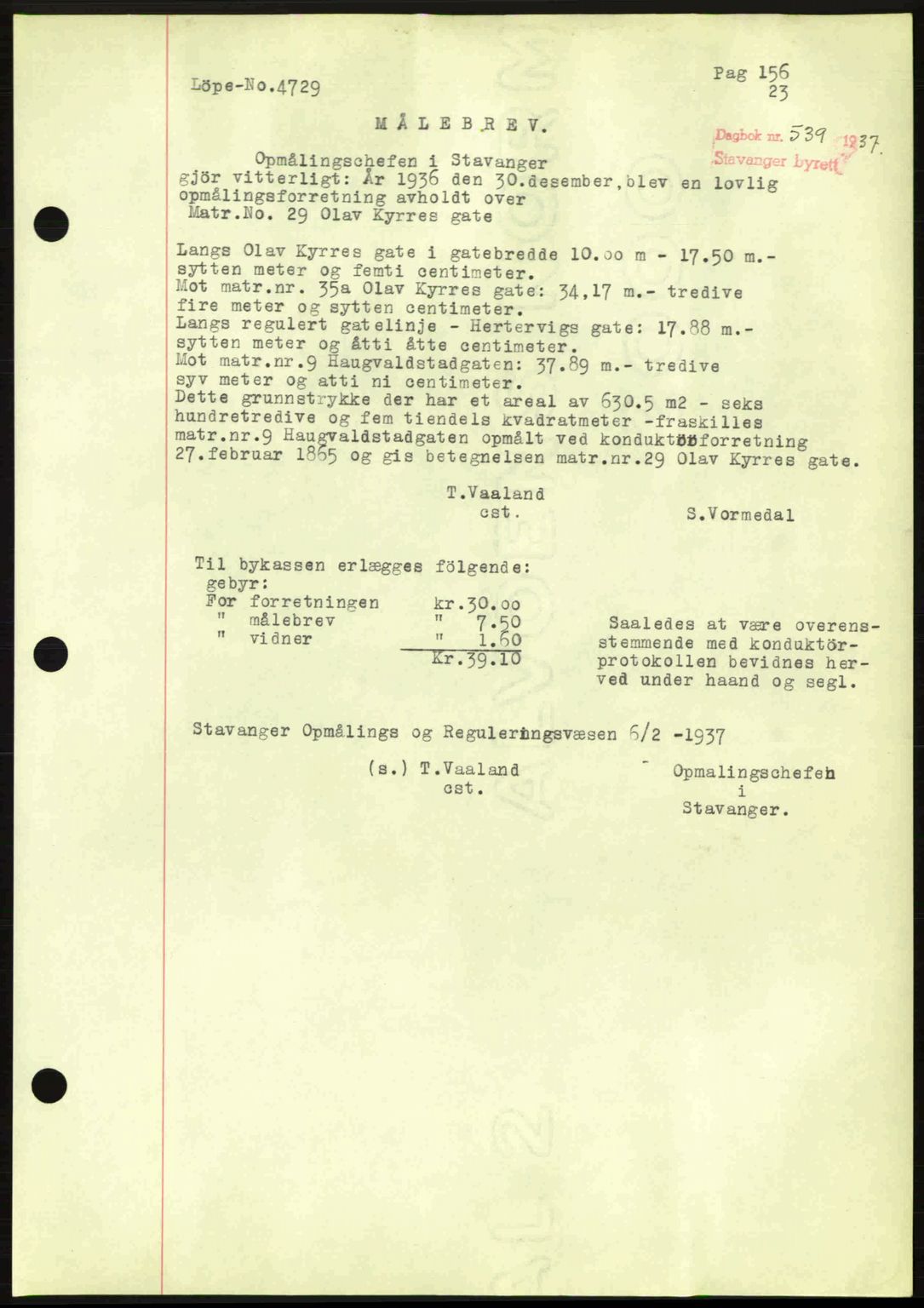 Stavanger byrett, SAST/A-100455/002/G/Gb/L0012: Mortgage book no. A2, 1936-1937, Diary no: : 539/1937