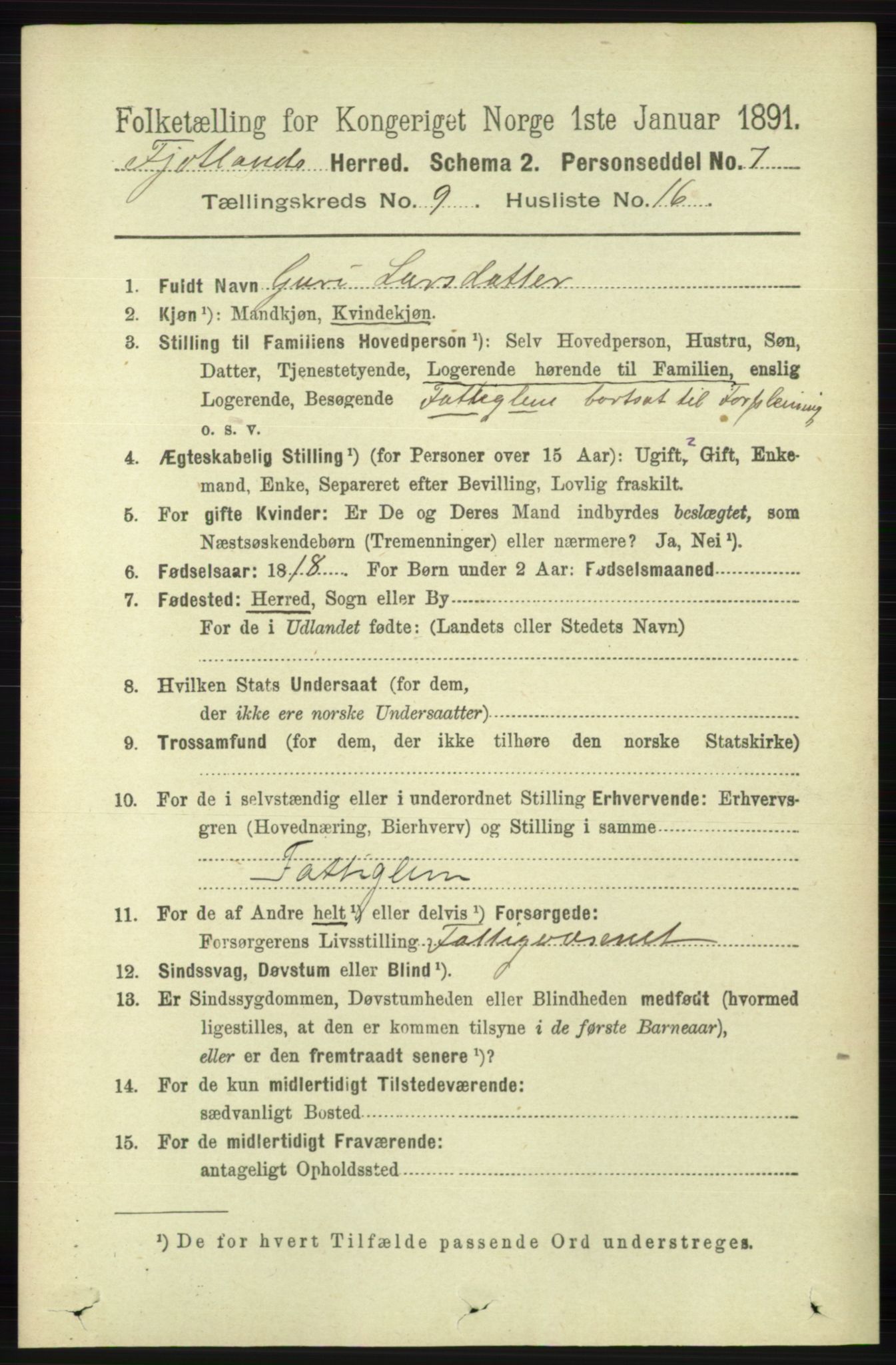 RA, 1891 census for 1036 Fjotland, 1891, p. 1394